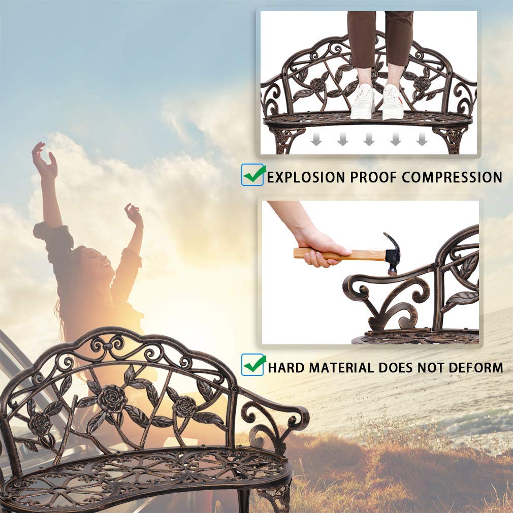 DKeli Outdoor Metal Garden Bench with Floral Rose Accent - Aluminum Patio Bench for Park, Yard, Deck & Entryway - Durable Porch Seating Furniture for Gardens, Backyards & Outdoor Spaces