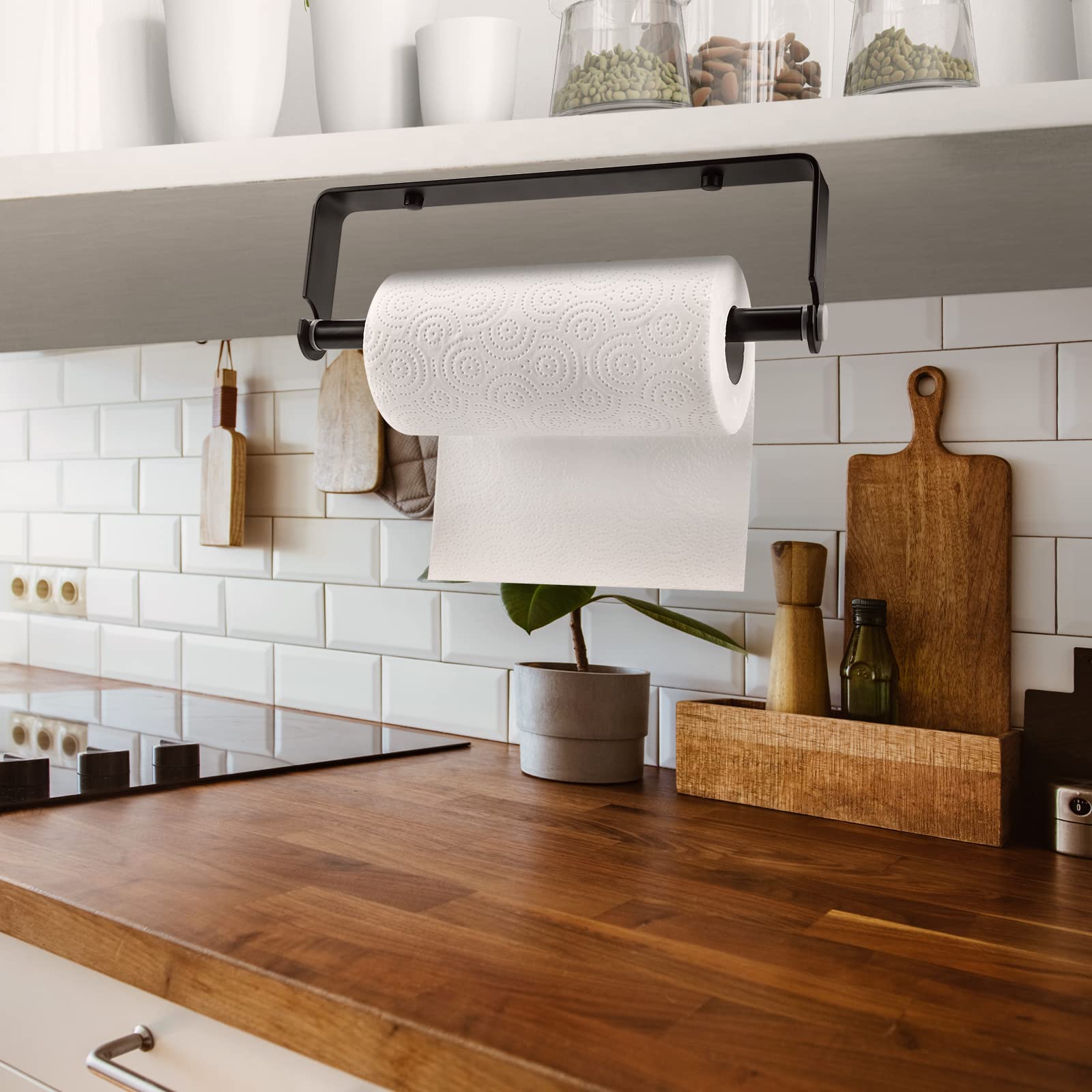 NiHome Self-Adhesive Paper Towel Holder - Under Cabinet Kitchen & Bathroom Mount, Aluminum Alloy Roll Holder with Flexible Adhesive & Screws (Black) - Perfect for Sink Areas, Countertops & Small Spaces