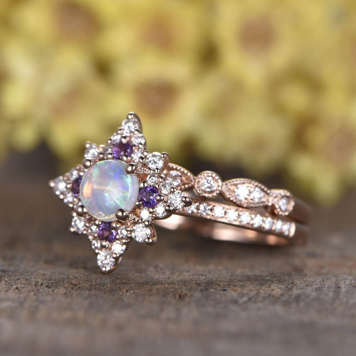 Stunning Fire Opal Engagement Ring Set with Amethyst & Diamonds | Vintage-Inspired Opal Wedding Ring for Women | Perfect for Proposals, Anniversaries & Special Occasions