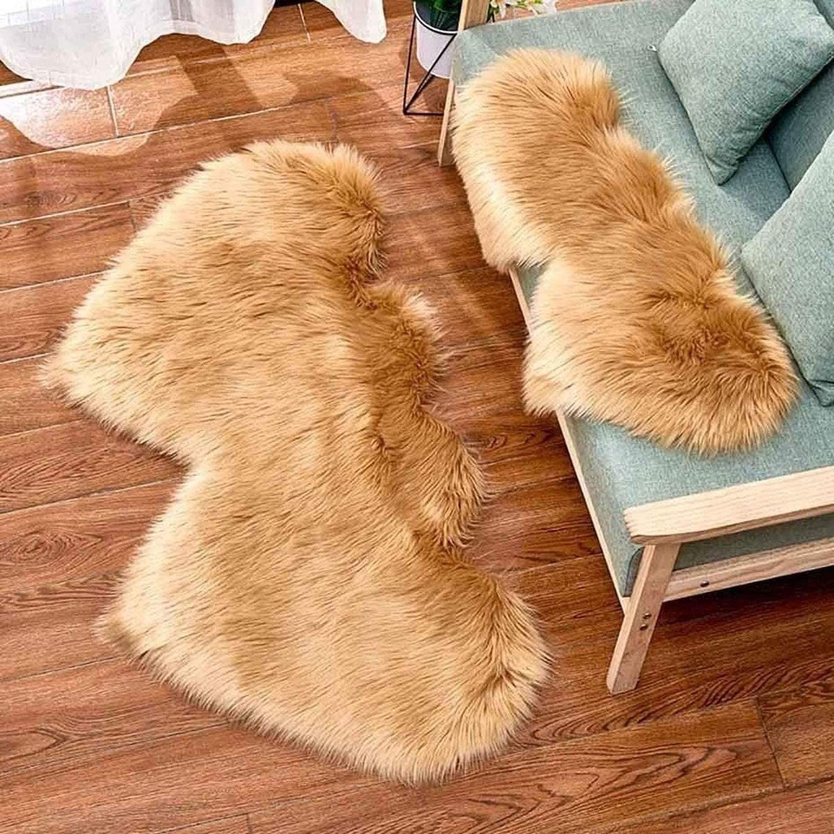 Modern Fluffy Faux Fur Area Rug 2'x4' - Non-Slip Double Heart Shaggy Plush Carpet for Kids Bedroom, Nursery, Living Room (Khaki, 35x70cm/14