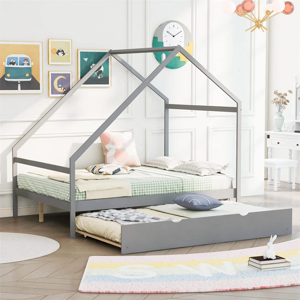 **Wooden Full Size Low Platform Bed Frame with Trundle - House Design with Roof & Headboard, Multifunctional Playhouse Floor Bed for Teens & Kids, No Box Spring Needed, Gray - Perfect for Bedrooms, Playrooms & Sleepovers**