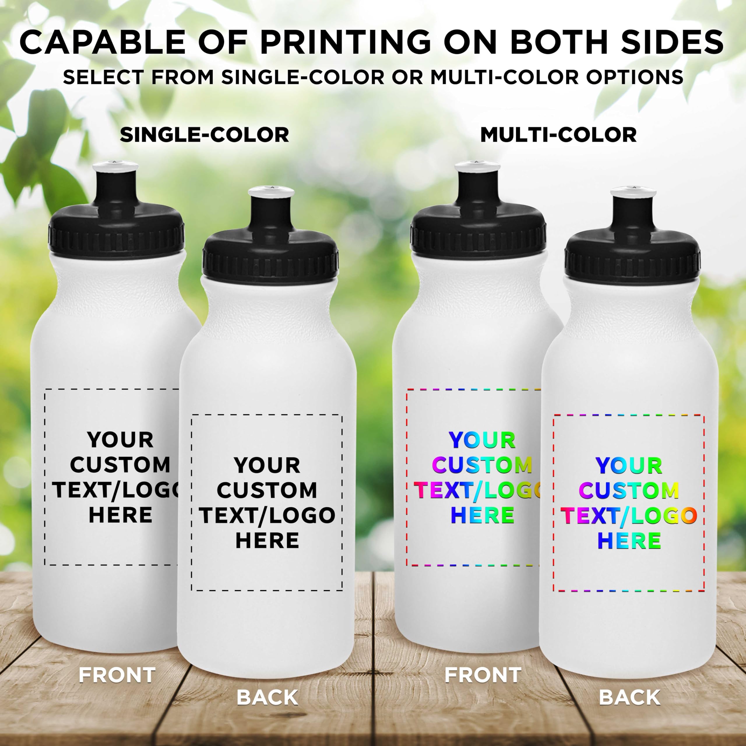 Custom White Water Bottles with Push Cap - 100 Pack, Personalized Text & Logo, 20 oz BPA-Free Reusable Squeezable Bottles in Bulk (White/Black) - Perfect for Promotions, Corporate Gifts & Sports Events