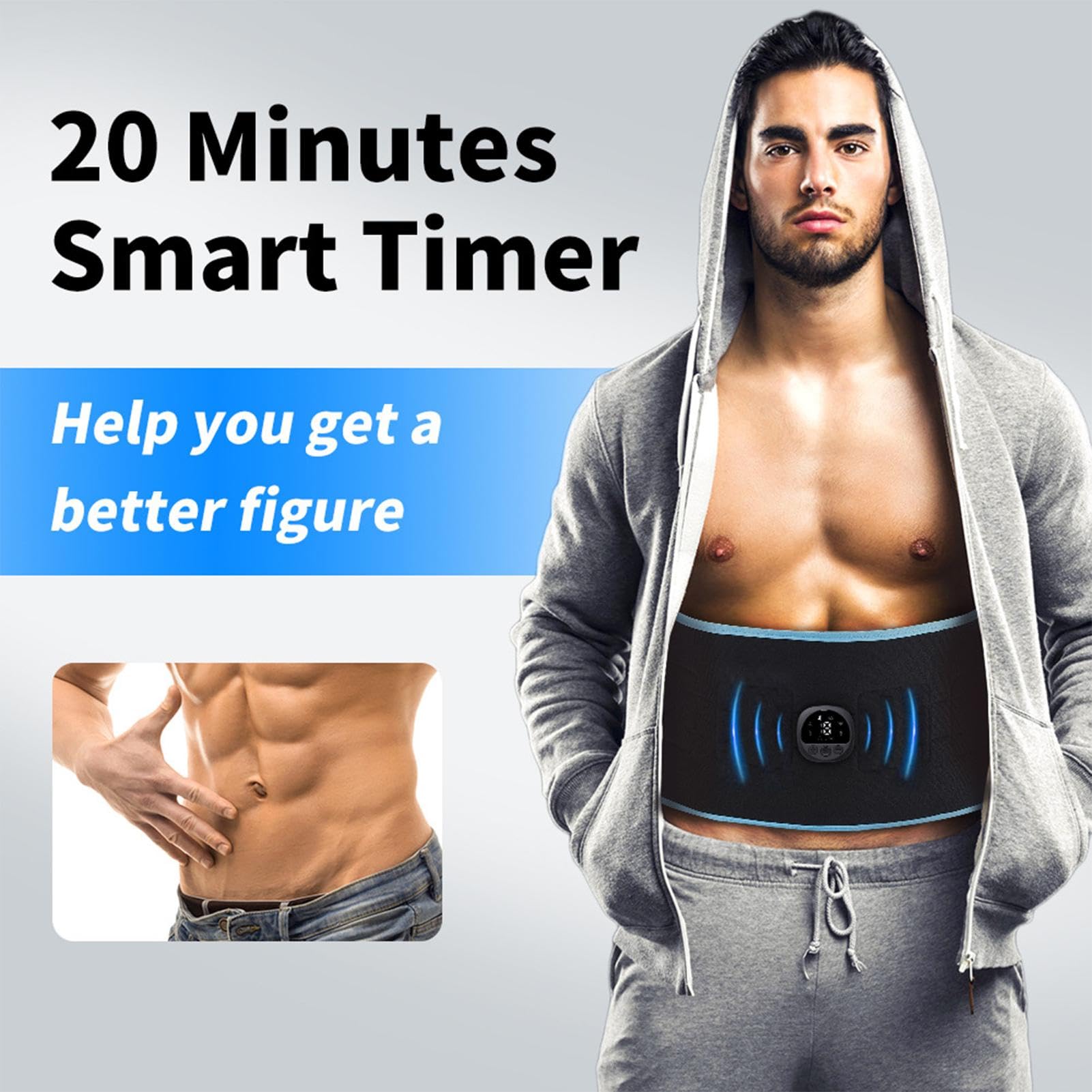 Electric Ab Stimulator Belt - 8 Modes & 19 Levels Abdominal Muscle Trainer with Silicone Conductive Pads & Timer, Toning EMS Workout Belt for Core Strength - Perfect for Home Gym, Postpartum Recovery & Fitness Enthusiasts