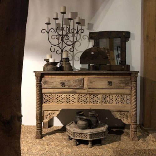 Hand Carved Wooden Console Table with Two Drawers - Entryway Sofa Table for Hallway, Living Room & Bedroom Decor