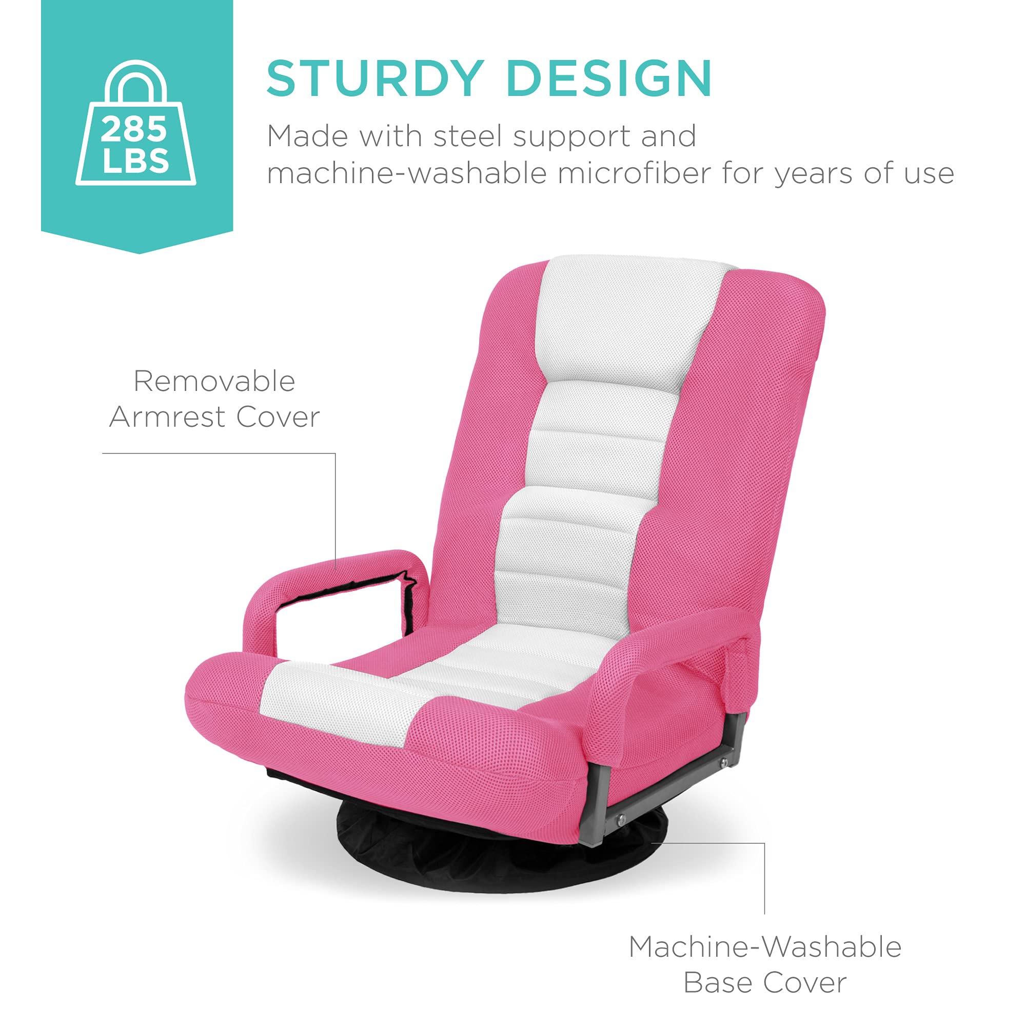 Best Choice Products 360 Degree Swivel Gaming Chair - Adjustable Foldable Backrest with Lumbar Support & Armrest Handles for Video Games, TV Watching, Reading - Multipurpose Floor Rocker Chair (Pink/White) - Perfect for Home Office, Gaming Setup & Living Room Relaxation