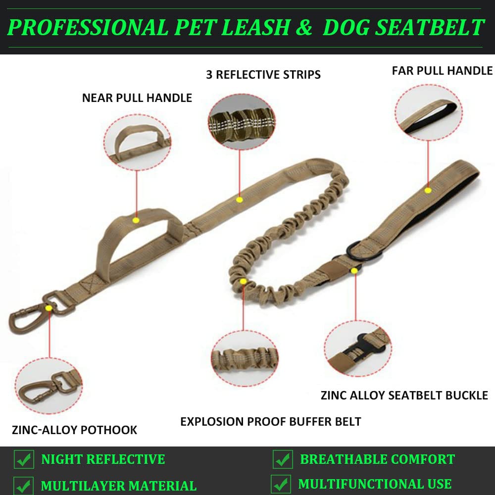 **Tactical Dog Collar & Leash Set for Large Dogs - Heavy Duty Coyote Design with Safety Car Seatbelt - Perfect for Hiking, Travel & Outdoor Adventures**