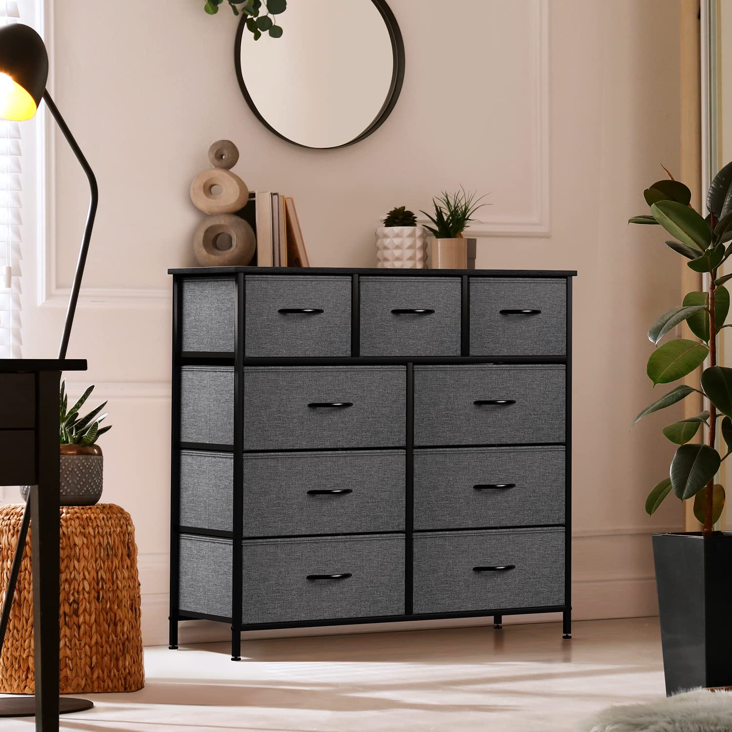Sorbus 9-Drawer Dresser Storage Organizer - Black Steel Frame & Wood Top Chest Tower with Easy Pull Fabric Bins for Bedroom, Hallway, Closet & Office | Space-Saving Furniture for Small Apartments & Dorm Rooms