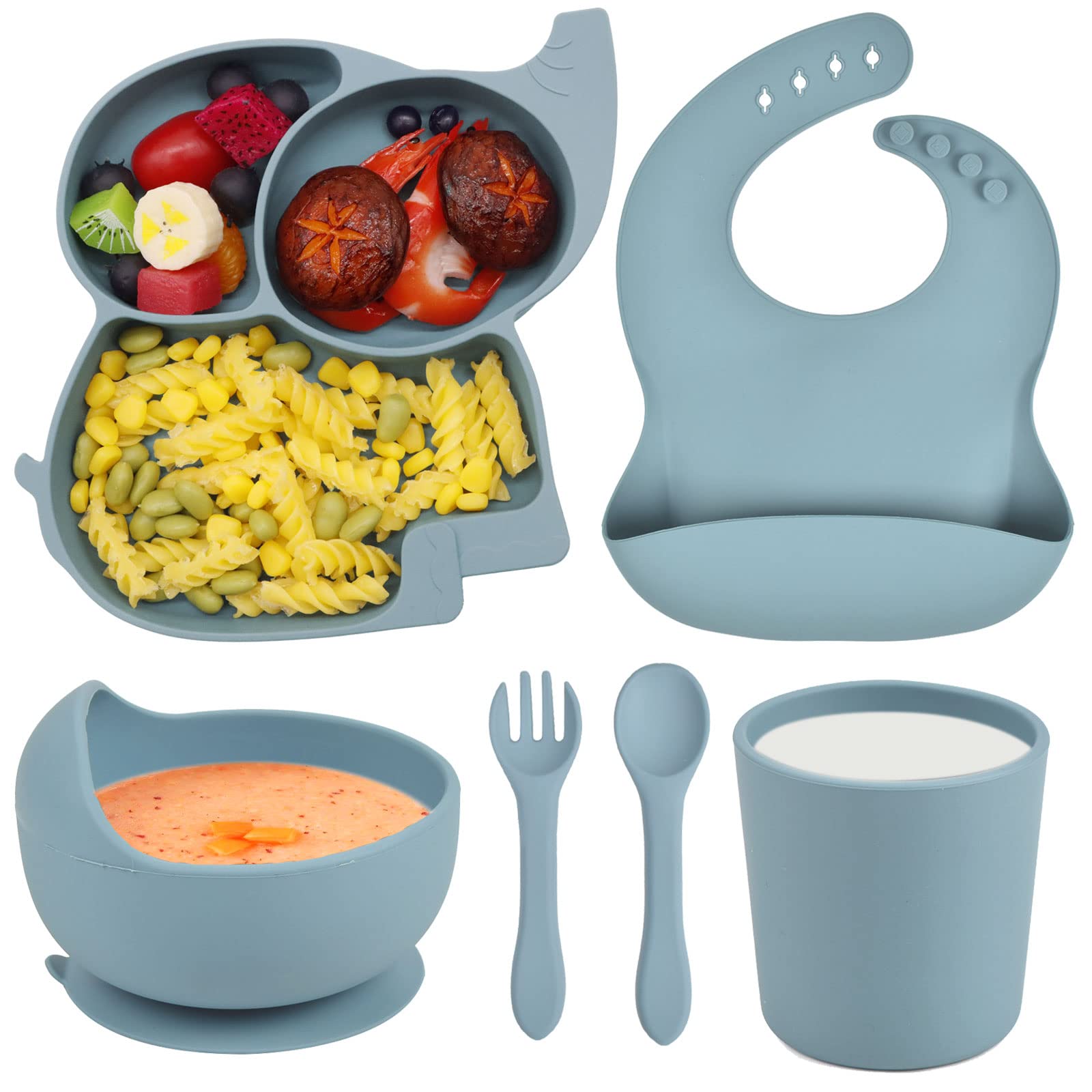 Domueay 6-Piece Silicone Baby Feeding Set - BPA-Free Toddler Weaning Kit with Suction Bowl, Elephant Divided Plate, Spoon, Fork, Adjustable Bib & Cup (Blue) - Perfect for Mess-Free Mealtime & Learning Self-Feeding