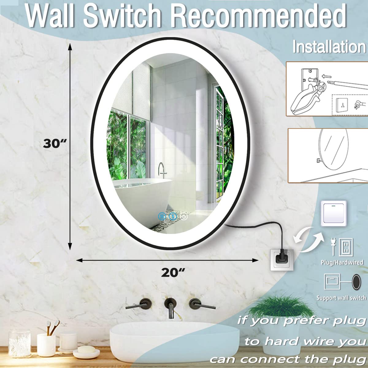 Black LED Vanity Mirror 30x20 Inch - Anti Fog, Dimmable for Bathroom & Makeup