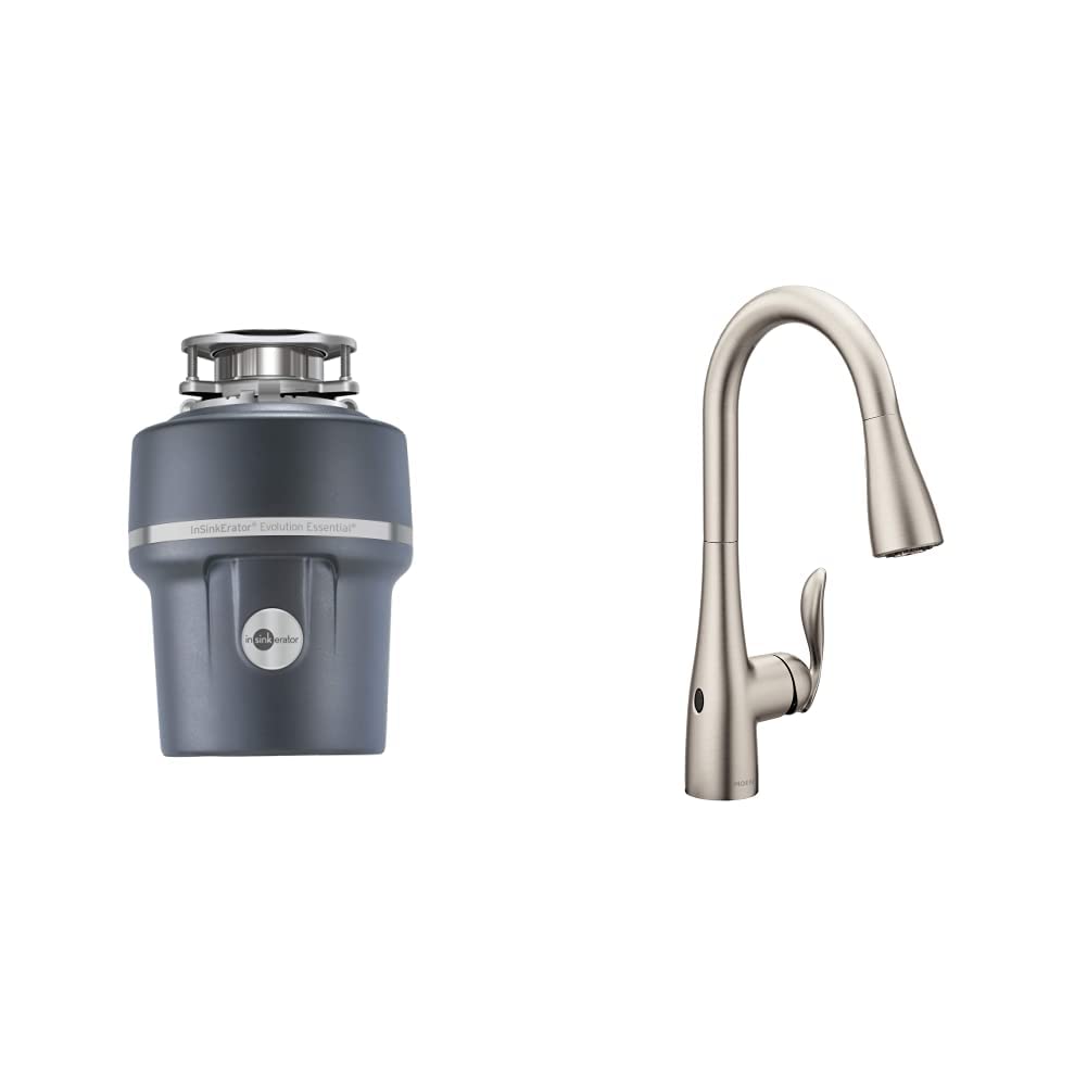 InSinkErator Garbage Disposal with Air Switch & Power Cord - Moen 7594EWSRS Arbor MotionSense Wave Touchless Kitchen Faucet with Power Clean - Stainless Steel Combo for Modern Kitchens | Easy Waste Disposal & Hands-Free Sink Use
