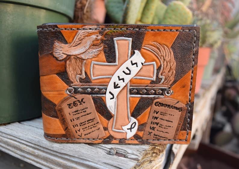 Handmade Christian Themed 3D Genuine Leather Bifold Wallet for Men - Custom Personalized Carved & Tooled Airbrush Art - Perfect Gift for Baptism, Weddings & Religious Occasions