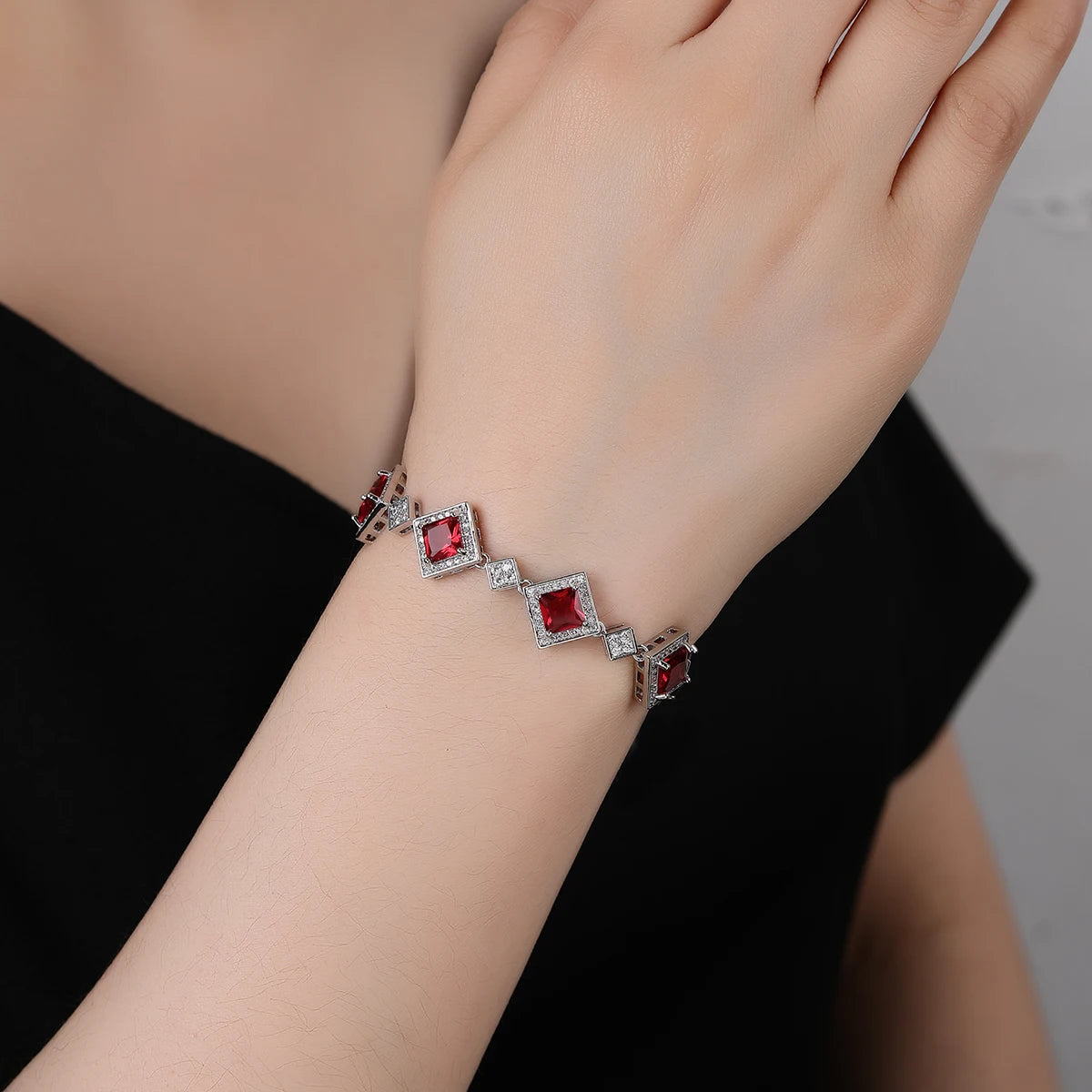 Elegant Silver Plated Cubic Zirconia Bracelet for Women - Red, Blue, Green Gemstone Chain | Perfect for Parties, Weddings & Special Occasions