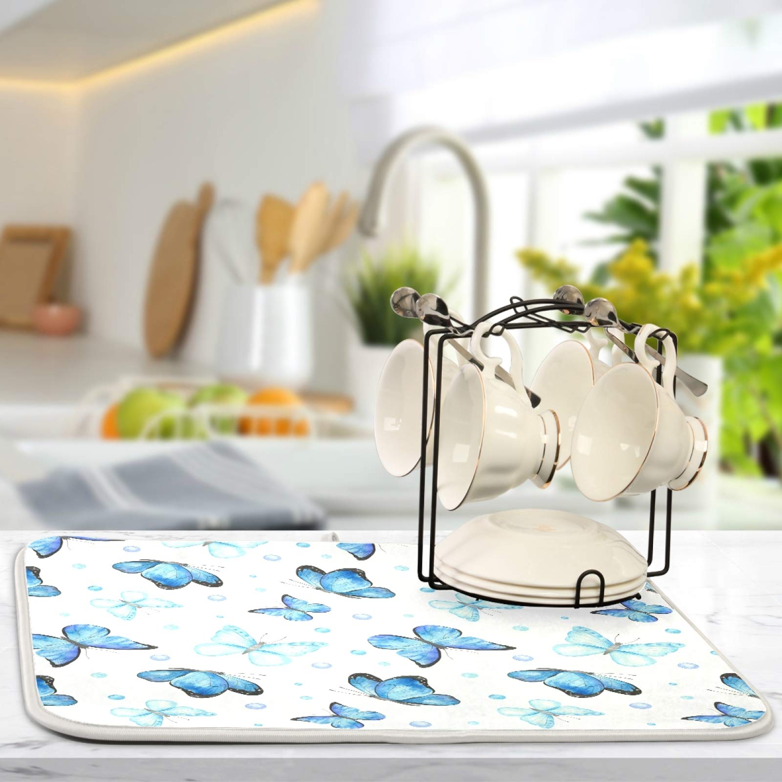 Butterfly Dish Drying Mat 16x18 - Absorbent Kitchen Counter Mat for Dishes | Perfect for Spring & Summer Decor