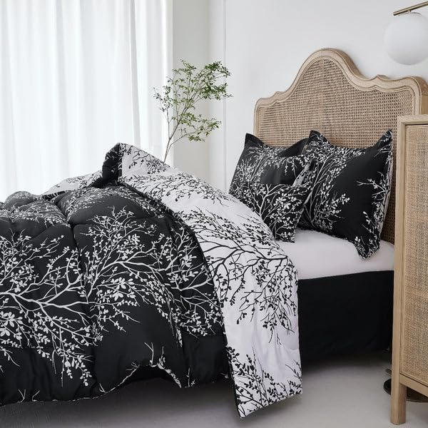 Spirit Linen 6-Piece Queen Comforter Set - Ultra Soft Microfiber Bedding with Elegant Foliage Design - Includes Comforter & Pillow Shams - Perfect for Master Bedroom, Guest Room or Dorm (Black, Queen Size)