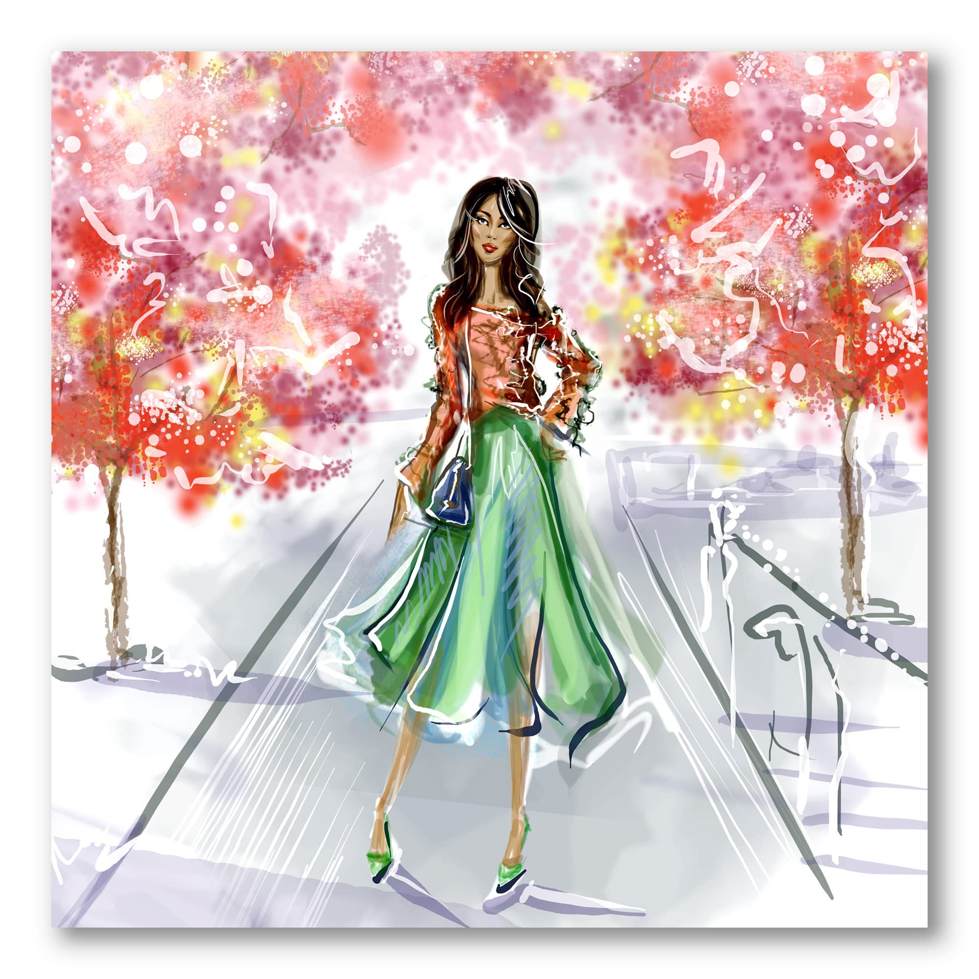 DesignQ Traditional Canvas Wall Art - Beautiful Girl in Fashionable Clothes Park Scene Painting - Perfect for Living Room, Bedroom & Office Decor