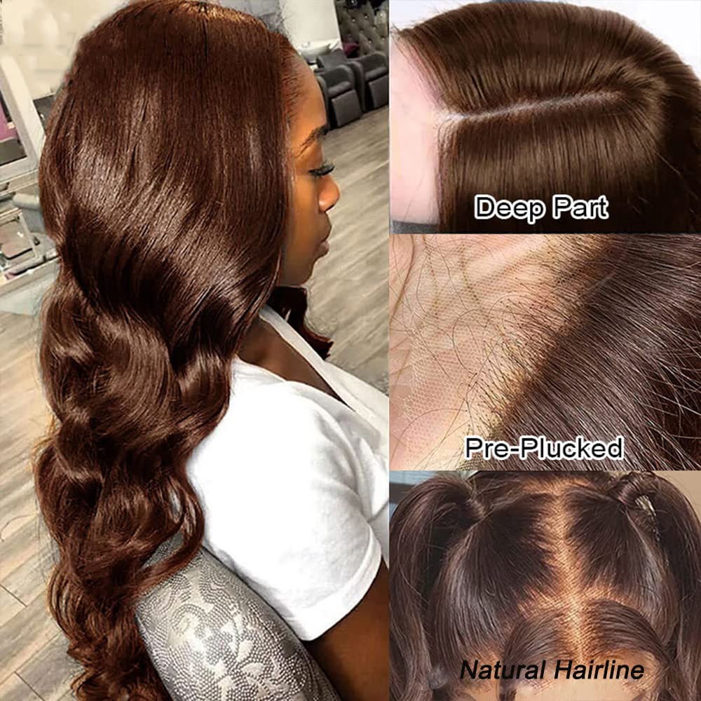 13x6 Brown Lace Front Wig - 150% Density Human Hair Wigs #4 Chocolate Body Wave with HD Transparent Lace & Bleached Knots - Pre Plucked with Baby Hair for Black Women - Perfect for Daily Wear, Cosplay, and Special Occasions (18 Inch)
