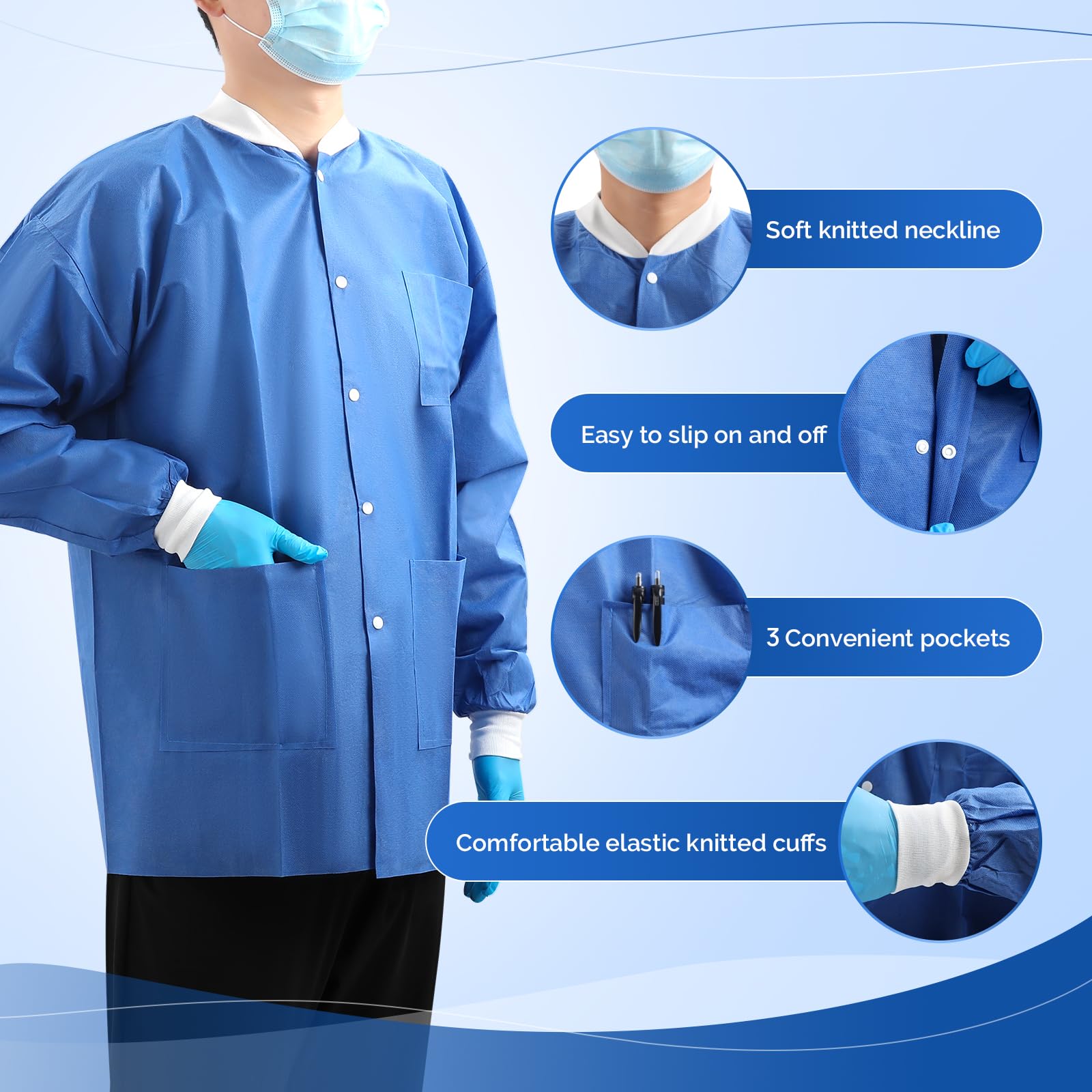 JMU 10-50 Pack Disposable Lab Coats for Men & Women - SMS Medical Jackets with Knit Cuffs & Collar, 3 Pockets - Ideal for Hospitals, Labs, Cleanrooms & Healthcare Workers