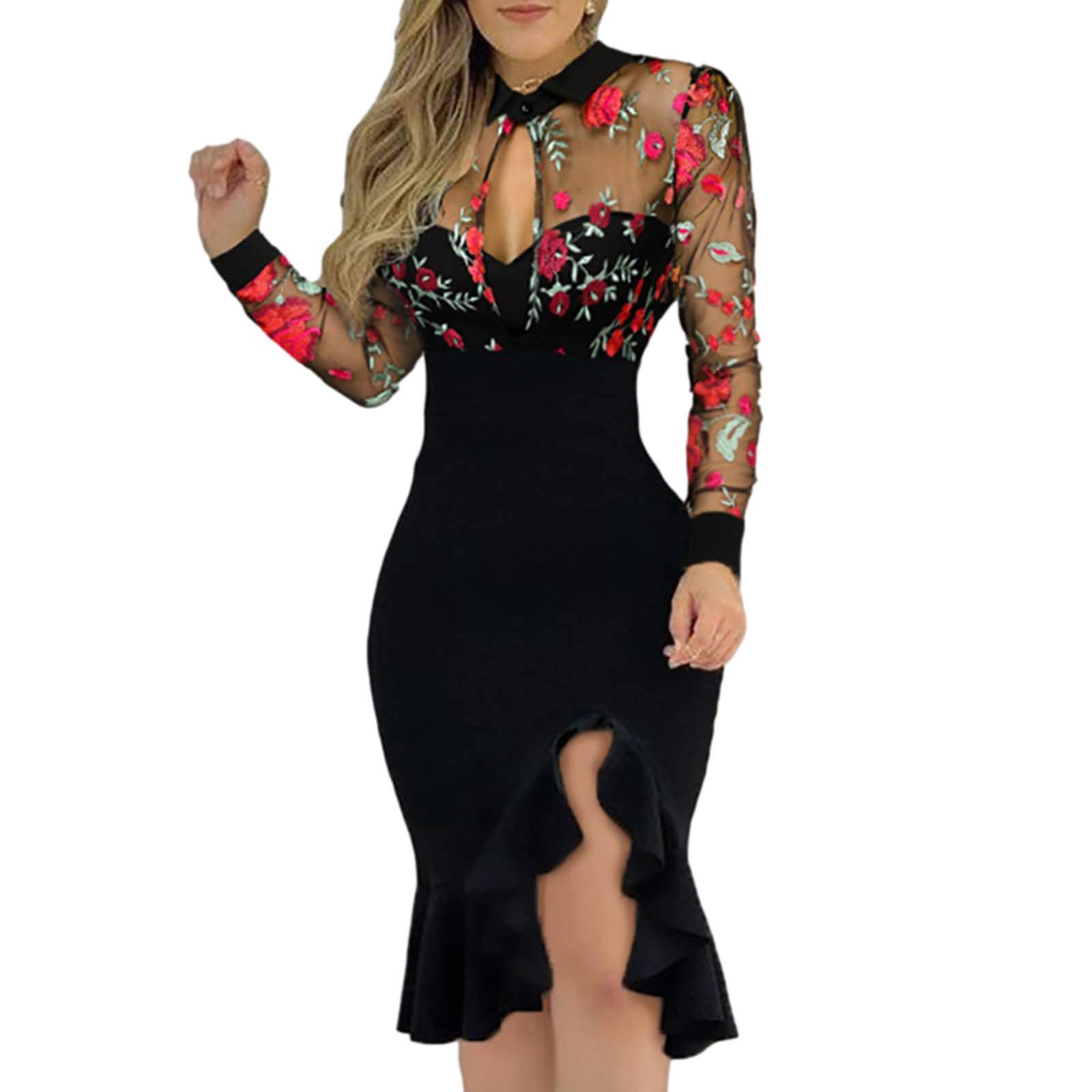 FengLS Women's Sexy Slit Cocktail Dress with Ruffled Hem & Long Sleeves - Elegant Prom, Wedding Guest & Party Dresses for Women | Perfect for Evening Events, Date Nights & Special Occasions