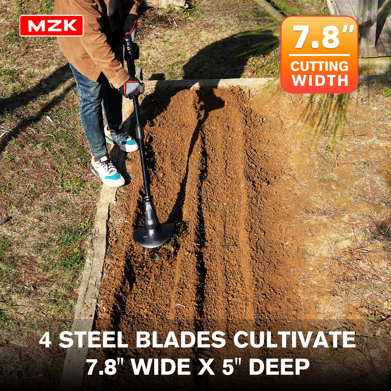 **MZK 20V Cordless Tiller Cultivator with 24 Steel Tines, 7.8-inch Wide Battery Powered Garden Cultivator - Mini Tiller for Gardening, Weeding, and Soil Aeration (Includes 2AH Battery & Charger) - Perfect for Small Gardens, Flower Beds, and Raised Planters**