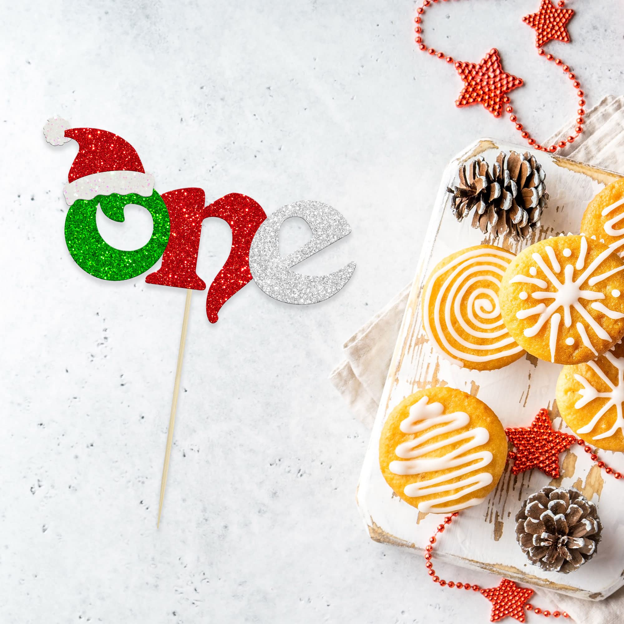Gyufise 1 Pack Christmas Cake Topper with Santa Hat - First Birthday Party Decorations for Christmas Theme, Baby Shower & Kids 1st Birthday Party Supplies | Perfect for Holiday Celebrations, Festive Desserts & Special Occasions