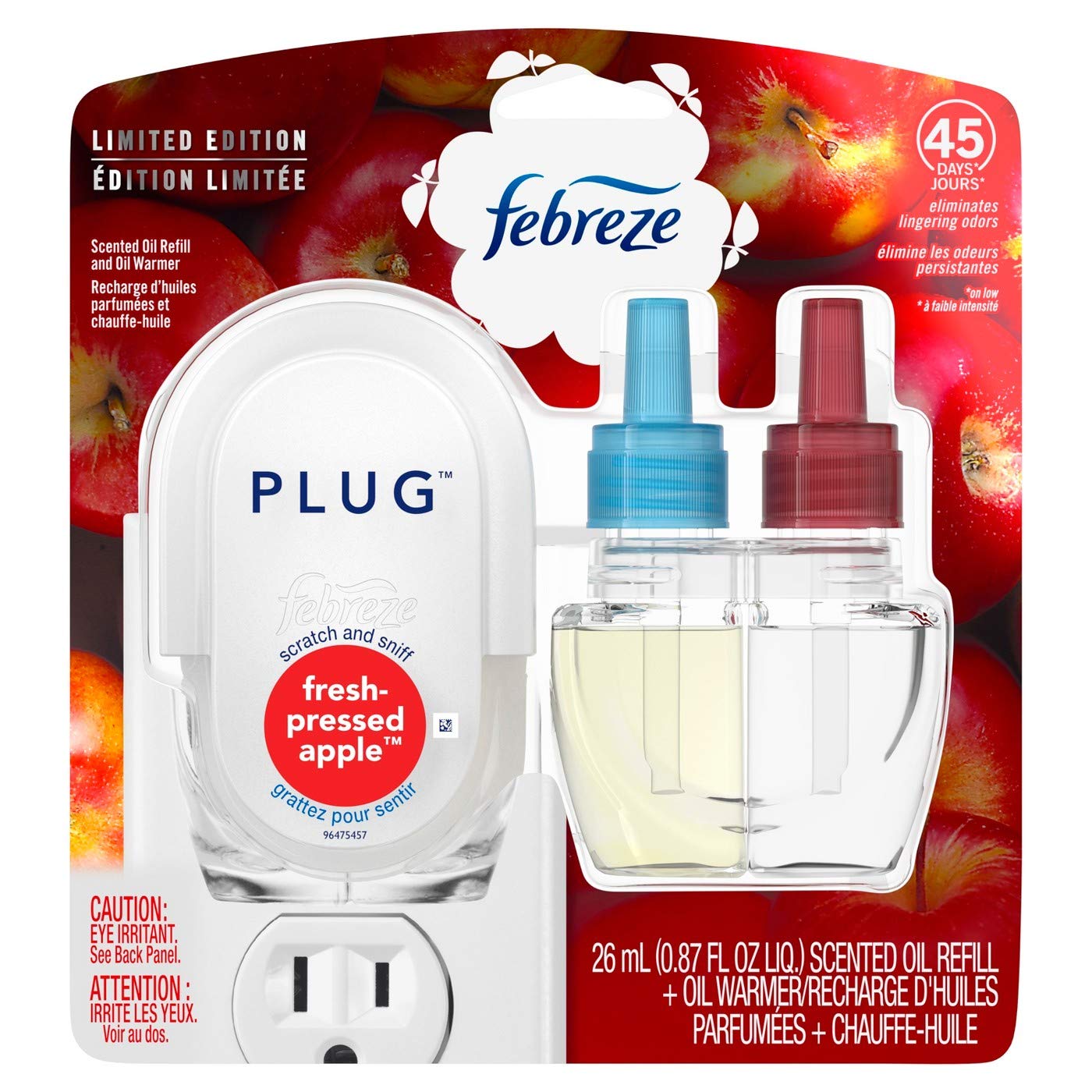 Febreze Fresh-Pressed Apple Scented Plug-in Air Freshener with Oil Warmer & Refill - 1 Count White | Eliminate Odors in Home, Bathroom, Office & Car