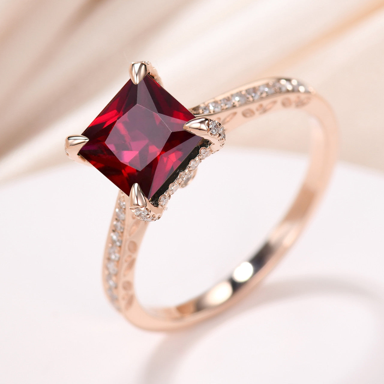7mm Princess Cut Natural Garnet Engagement Ring - Tapered Pave Cathedral Setting, Solitaire Red Garnet Wedding Band | Perfect for Proposals, Anniversaries & Romantic Gifts