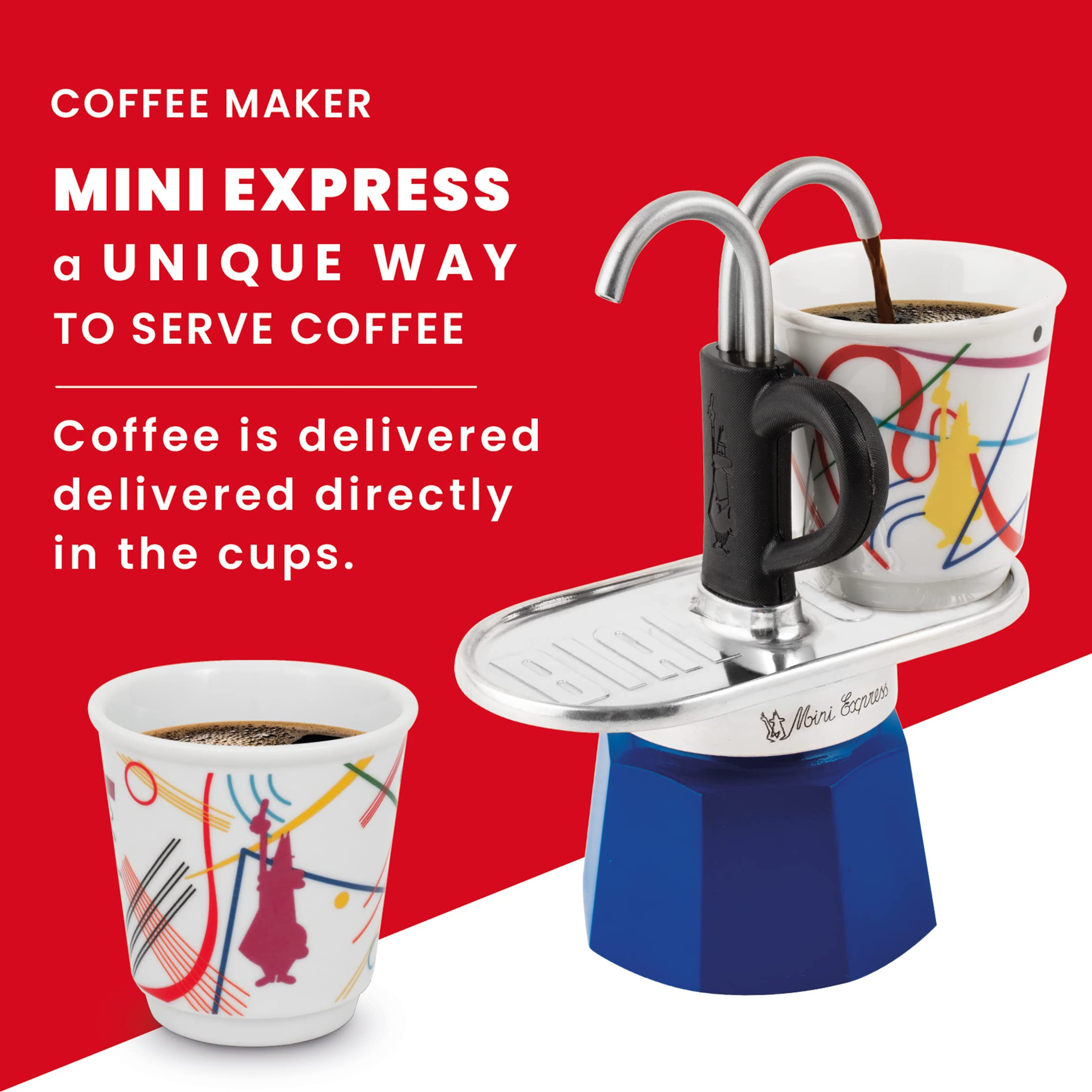 Bialetti Mini Express Kandinsky 2-Cup Moka Pot Coffee Maker - 2.8 Oz Aluminum Stovetop Espresso Maker with 2 Shot Glasses, Light Blue - Perfect for Home, Office & Camping Coffee Brewing