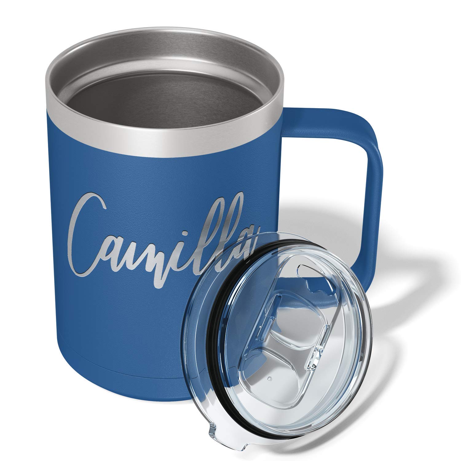 Custom Engraved 15oz Blue Matte Stainless Steel Vacuum Insulated Coffee Mug - Personalized Gift with Handle for Office, Travel & Home Use
