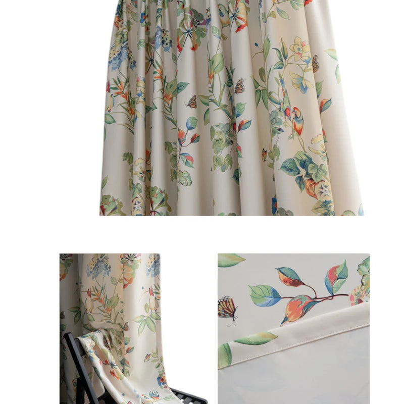 Keira Countryside Botanical Bird Print Custom Blackout Curtains for Bedroom & Living Room - Floral Bird Design for Privacy & Light Blocking