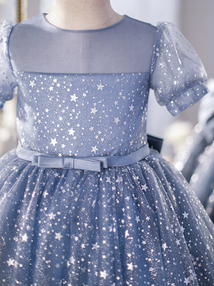 Blue Princess Round Tulle Flower Girl Dress - Elegant Baptism, First Communion & Wedding Party Attire