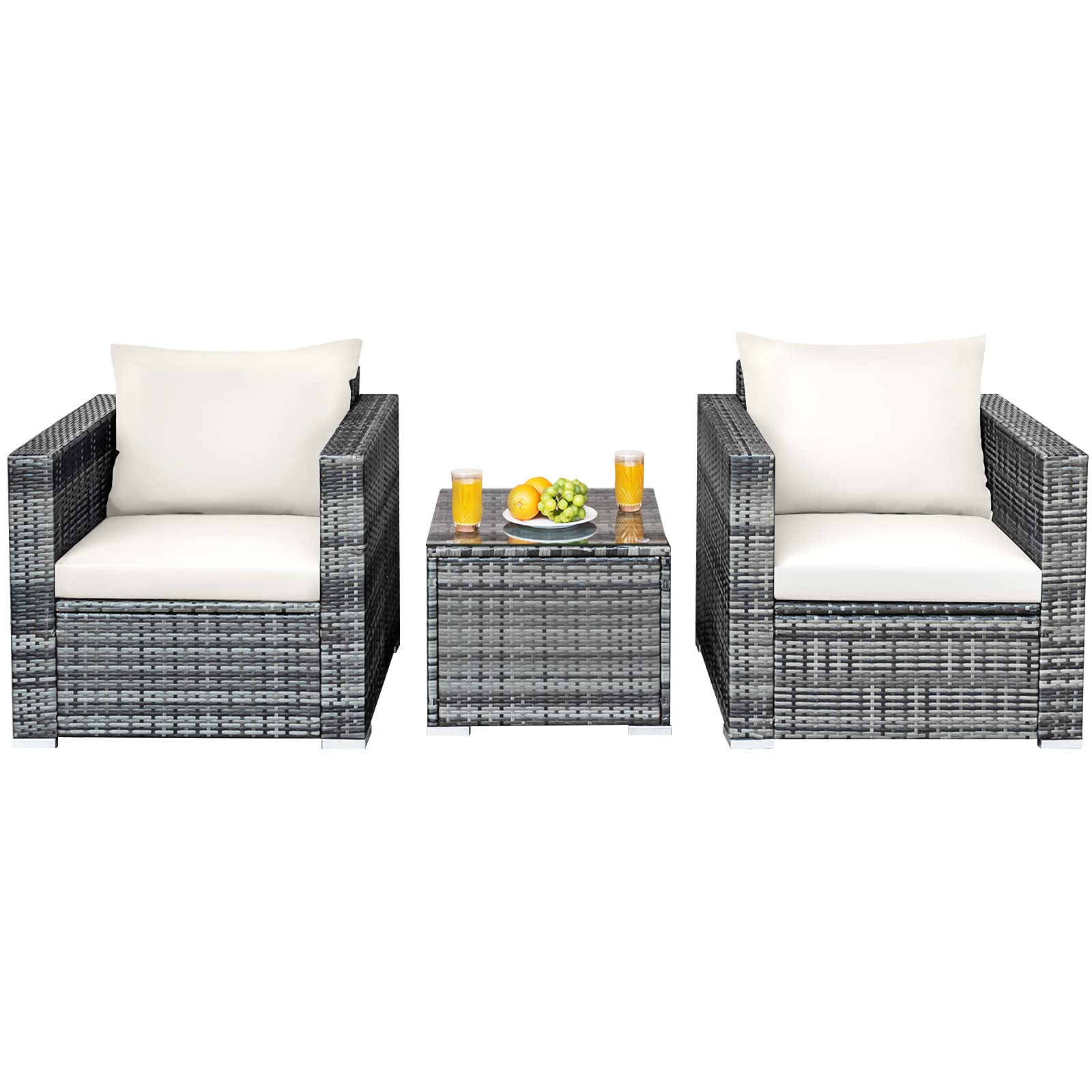 HAPPYGRILL 3-Piece Outdoor Rattan Wicker Patio Conversation Set with Coffee Table and Soft Cushions - Perfect for Balcony, Porch, Backyard, Garden, and Poolside Relaxation