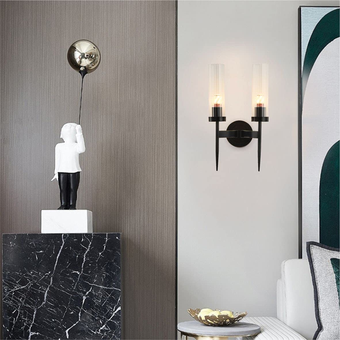 BOKT Modern 2-Light Matte Black Metal Vanity Light Fixture with Clear Crystal Glass - Wireless Wall Sconce for Bedroom, Bathroom & Living Room - Mid Century Style Wall Mounted Lighting for Home Decor
