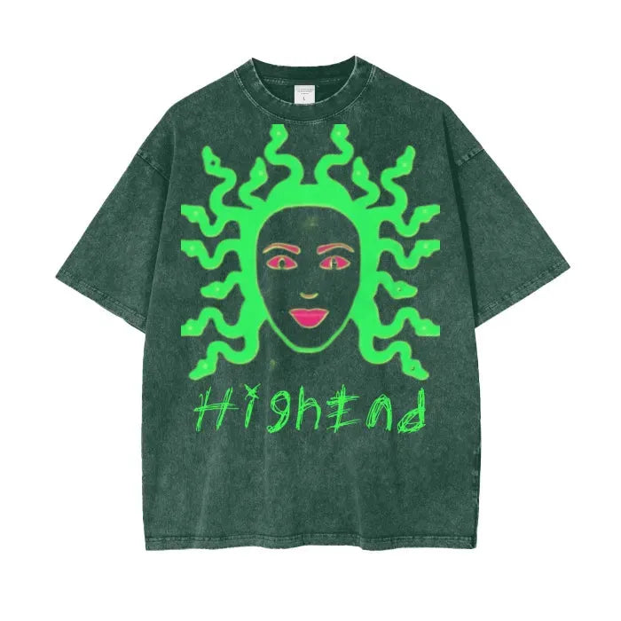 Medusa Graphic Acid Wash Oversized T-Shirt - 250 GSM Heavyweight Cotton - Streetwear & Casual Fashion