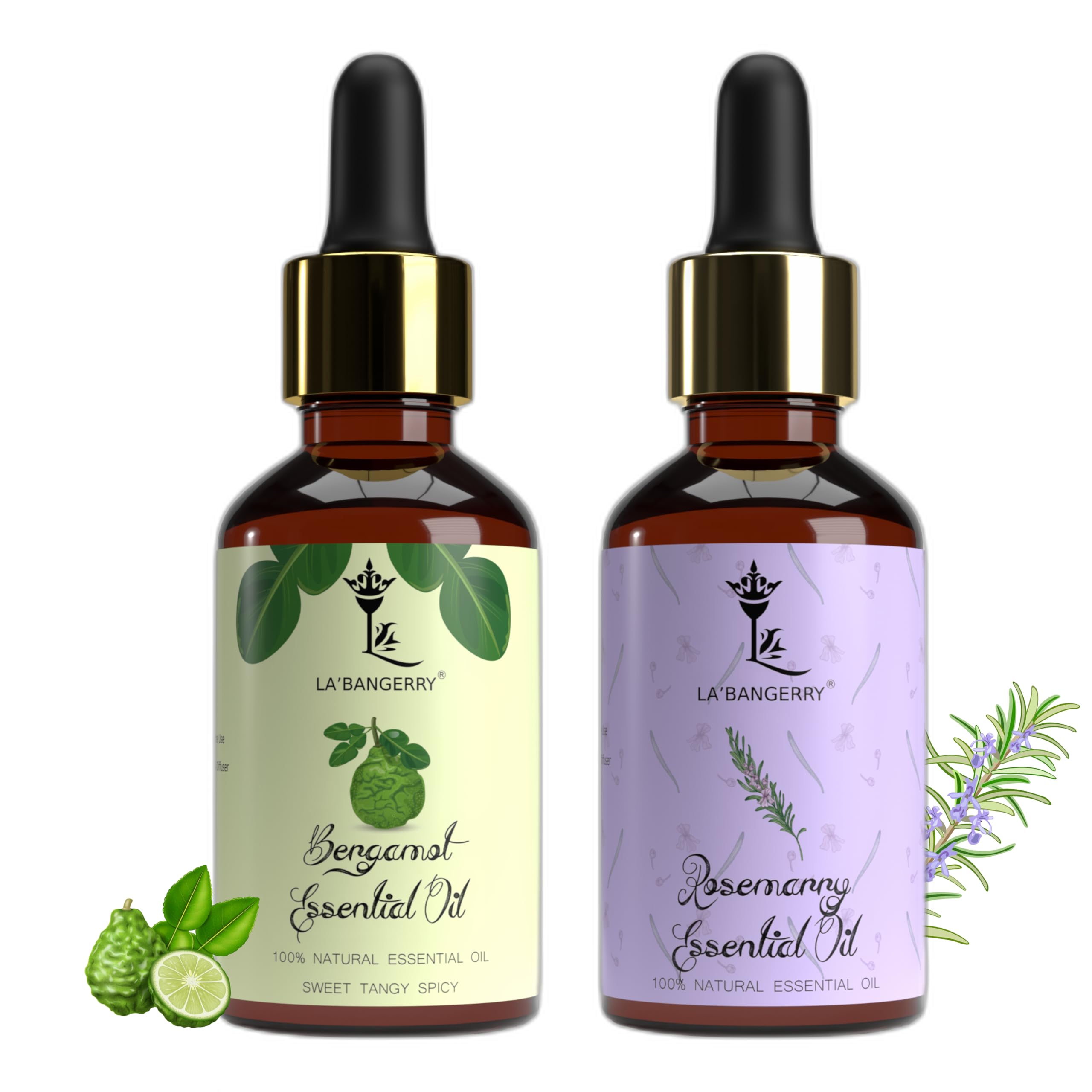 LA'BANGERRY Pure Rosemary & Bergamot Essential Oil Set - 100% Natural Aromatherapy Oil for Skin, Face & Hair Care - Moisturizing Dry Scalp Treatment for Men & Women - 30ml Each - Perfect for Relaxation, Massage & Bath