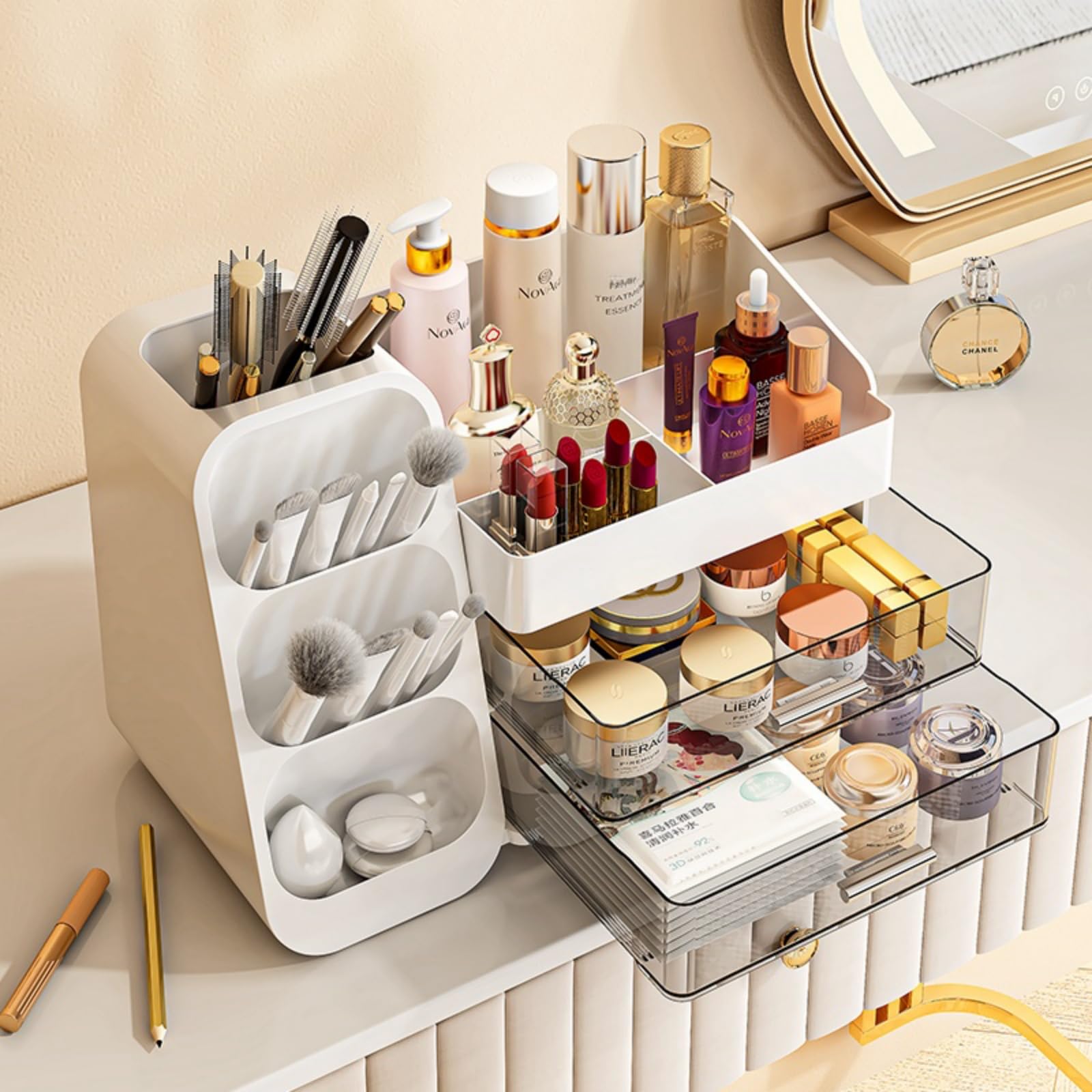 Large Makeup Organizer with Drawers - Spacious Vanity & Bathroom Storage for Cosmetics, Skincare, Brushes, Eyeshadow, Lipstick - Perfect for Bedroom, Dorm & Travel (White)