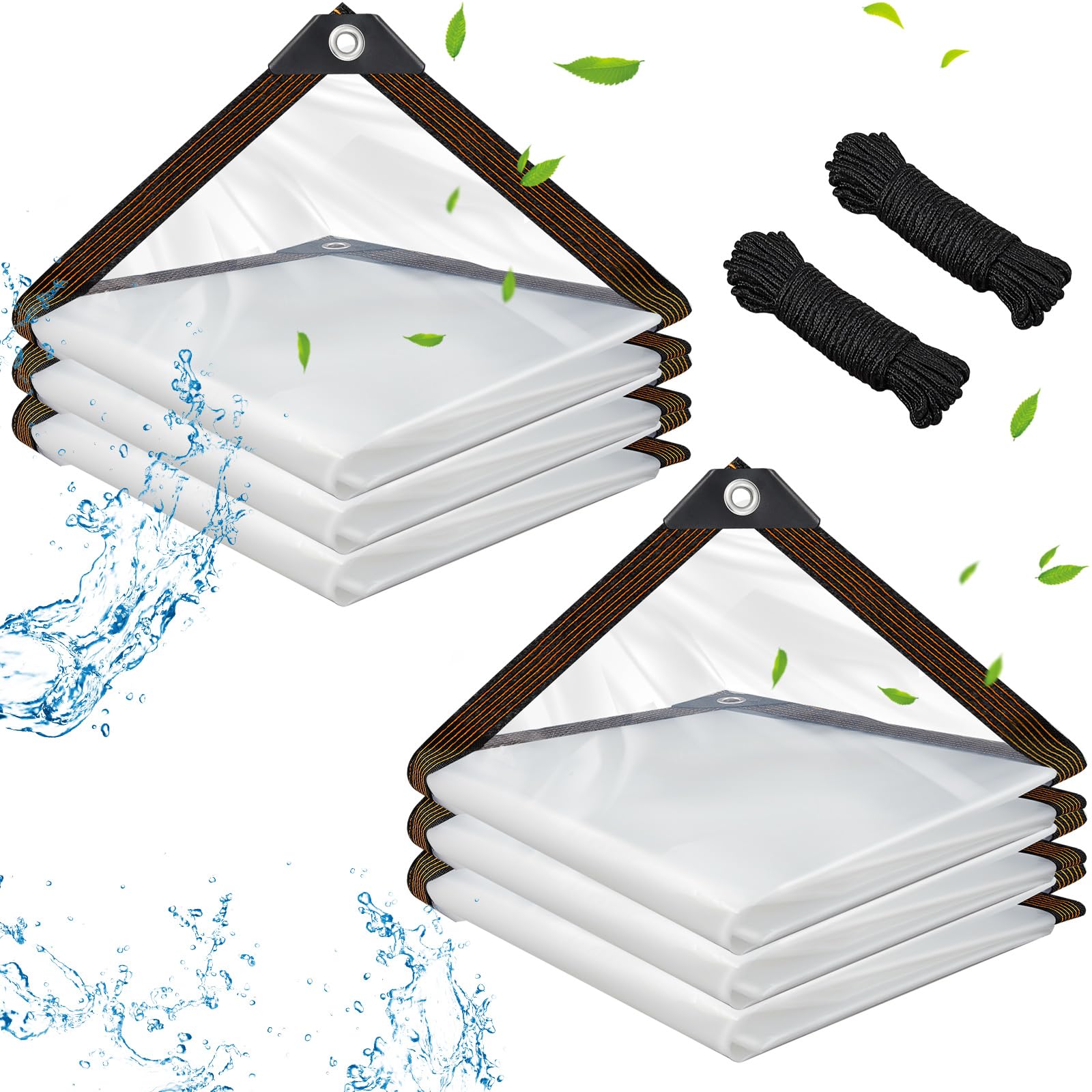 2 Pack Heavy Duty Clear Waterproof PE Vinyl Tarps 6.6x13 ft with Reinforced Grommets & Elastic Ropes - Durable Outdoor Cover for Greenhouse, Chicken Coop, Garden, Patio Furniture, Camping & Emergency Shelter