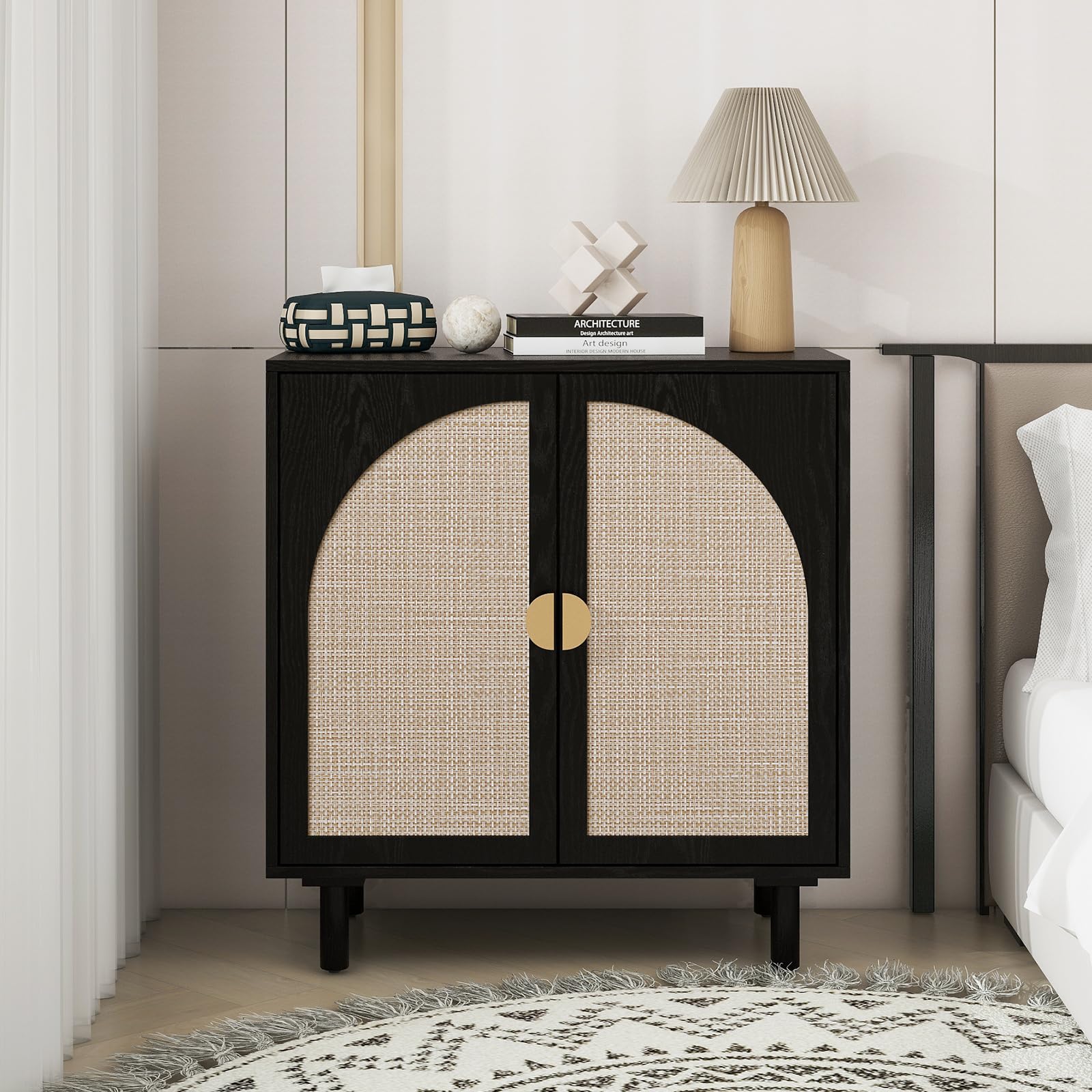 Natural Rattan Sideboard Buffet Cabinet with 2 Wicker Doors - Boho Wood Credenza for Living Room & Kitchen Storage | Accent Furniture for Dining Room, Hallway & Entryway (Black)