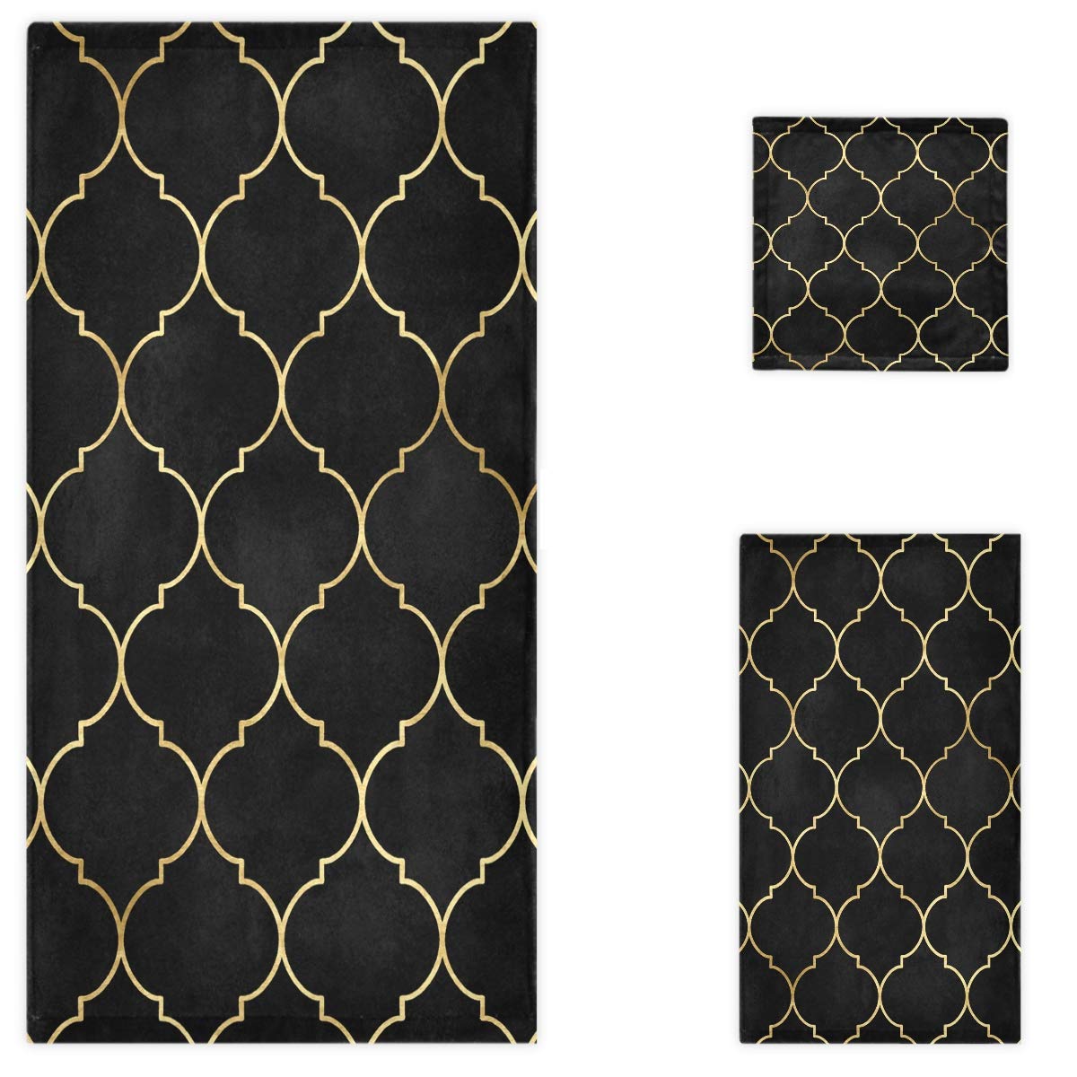 Premium Moroccan Gold Line Vintage Soft Luxury Bath Towel Set - 3-Piece Decorative Watercolor Towels (1 Bath, 1 Hand, 1 Washcloth) for Spa, Hotel, Beach & Home Decor - Black & Gold Elegant Bathroom Accessories