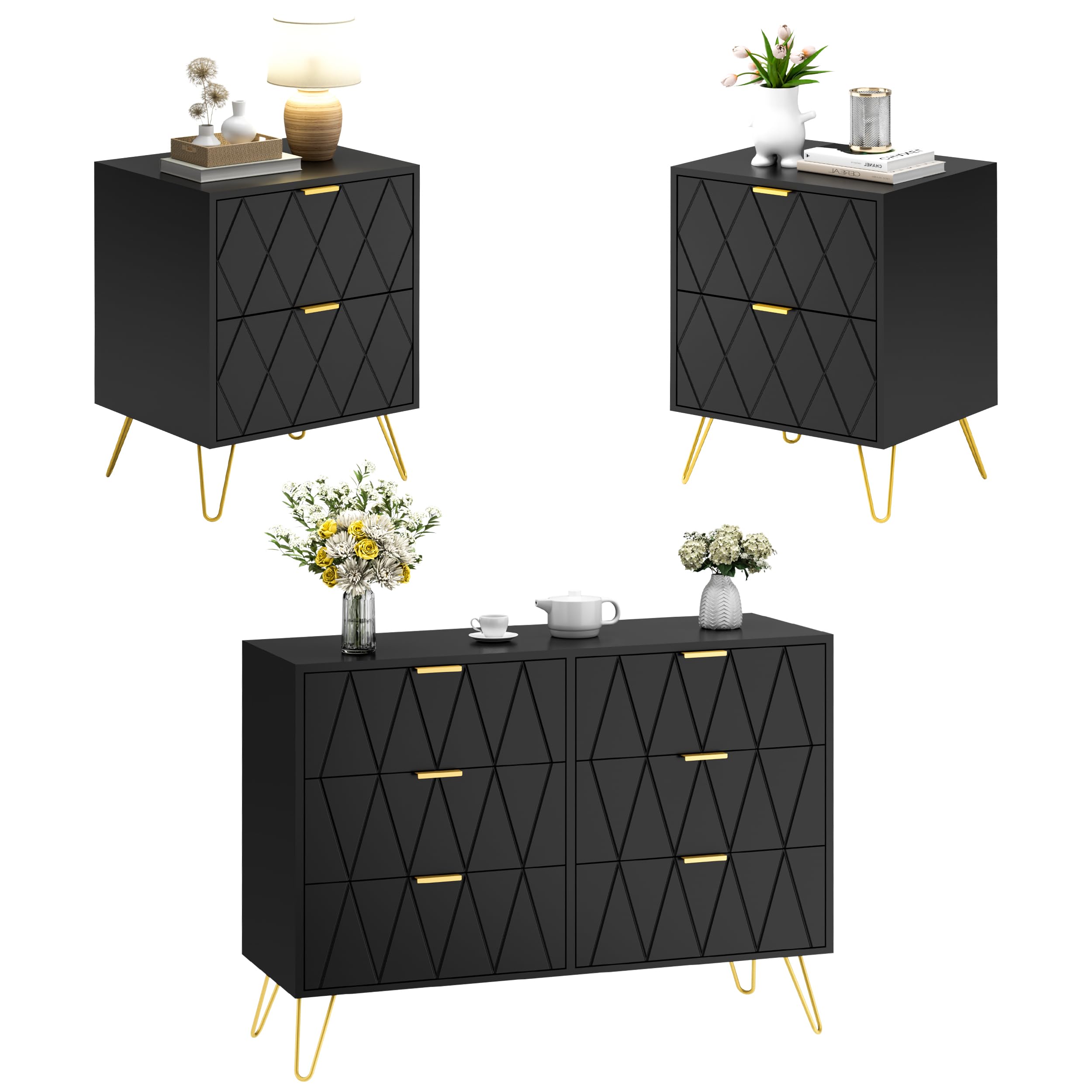 Anbuy 6-Drawer Dresser & 2-Nightstand Set for Bedroom - 3-Piece Black Wooden Storage Furniture Combo for Clothes, Bedside Essentials | Perfect for Master Bedroom, Guest Room & Dorm Organization