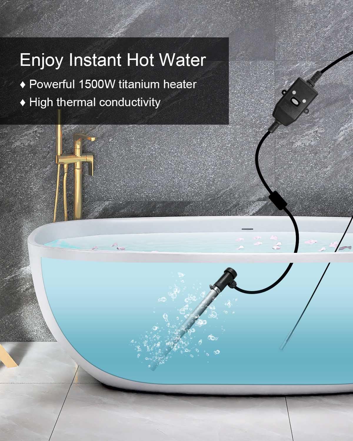 1500W 120V Titanium Submersible Water Heater with Temperature Sensor - Portable Electric Heater for Bathtubs, Pools, Hot Tubs, Water Tanks & Cattle Troughs | Fast Heating for Home, Farm & Outdoor Use
