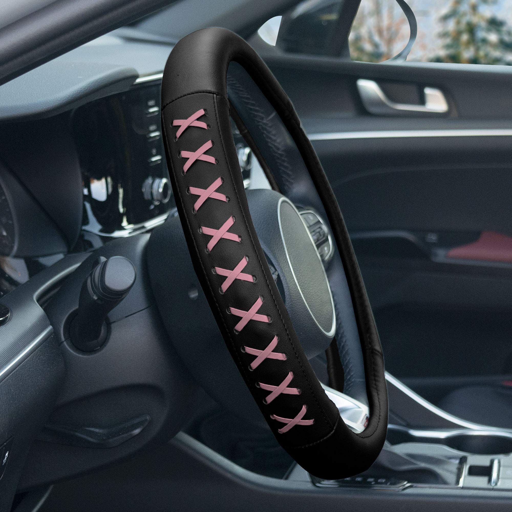TLH Universal 15 Inch Pink Genuine Leather Steering Wheel Cover with Lace-Up Design - Non-Slip Grip for Cars, Trucks & SUVs - Perfect for Women Drivers & Gift Giving