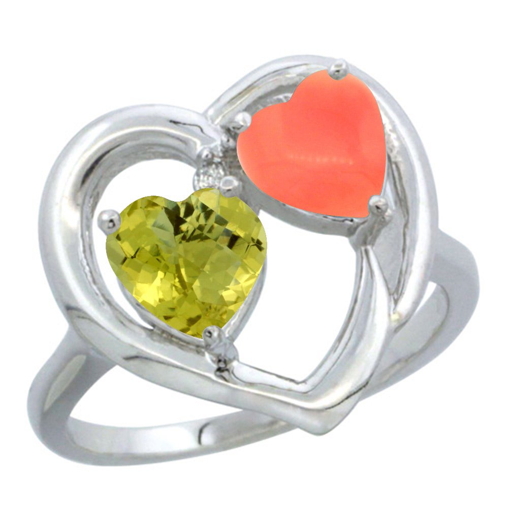 10K White Gold Diamond Two-Stone Heart Ring with 6mm Natural Lemon Quartz & Coral - Sizes 5-10 | Elegant Valentine's Day Gift, Anniversary Jewelry, Romantic Proposal Present