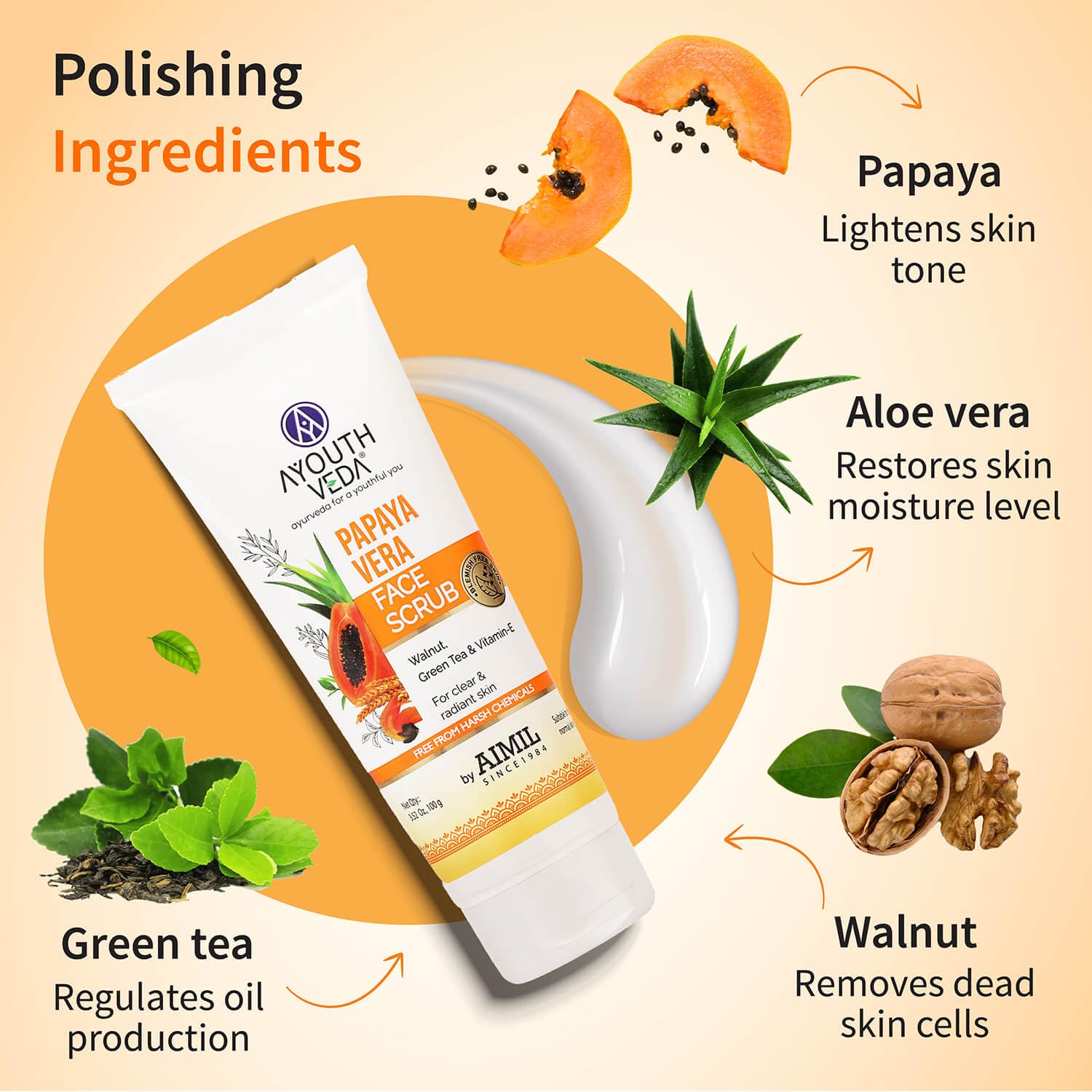 Ayouthveda Papaya Vera Face Scrub with Walnuts, Green Tea & Vitamin E - 100gm Exfoliating Cleanser for Radiant, Glowing Skin - Perfect for Daily Skincare Routine & Acne-Prone Skin