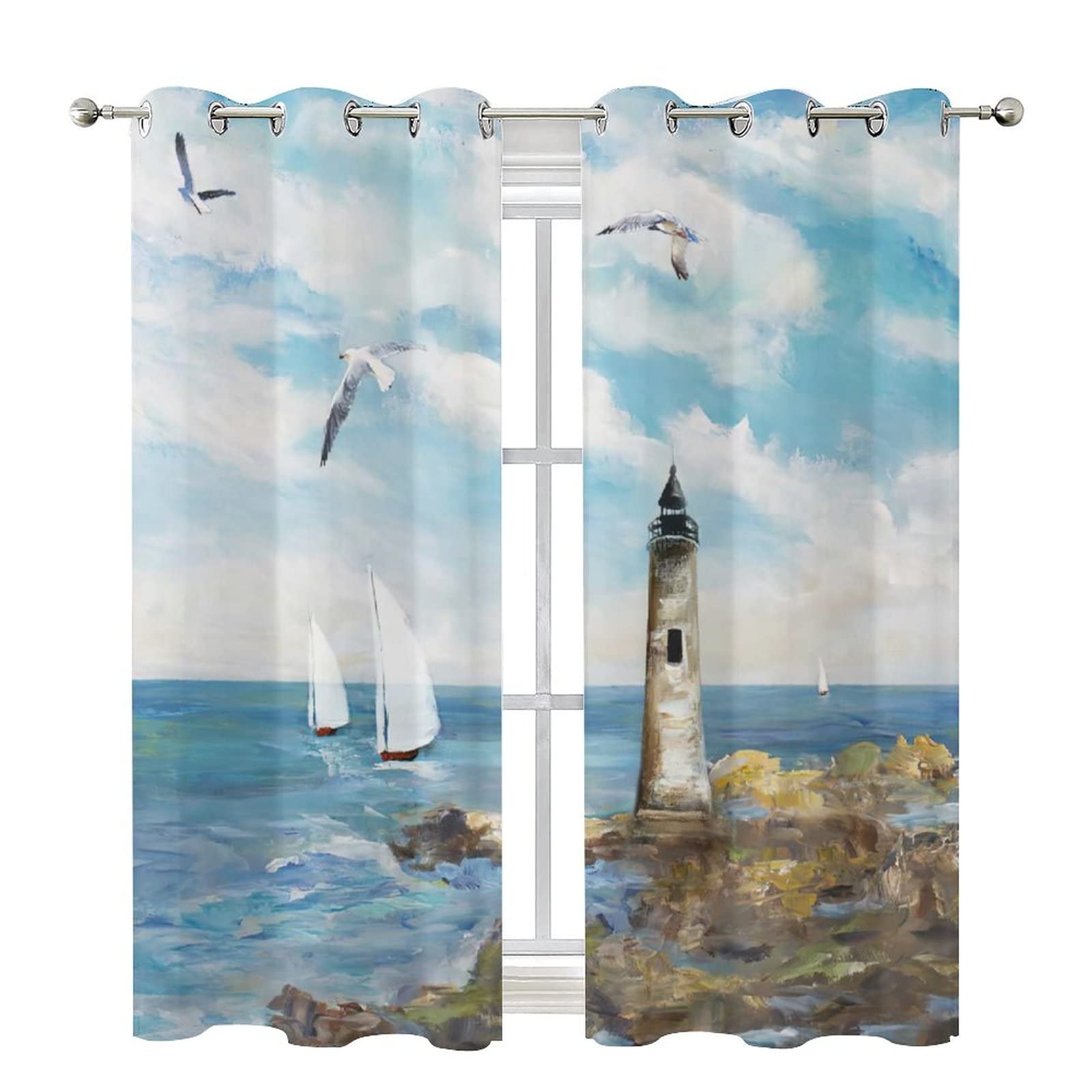 Nautical Lighthouse Seagull Ocean Waves Blackout Curtains - Thermal Insulated Room Darkening Grommet Curtain Panels for Bedroom & Living Room (2 Panels, 63