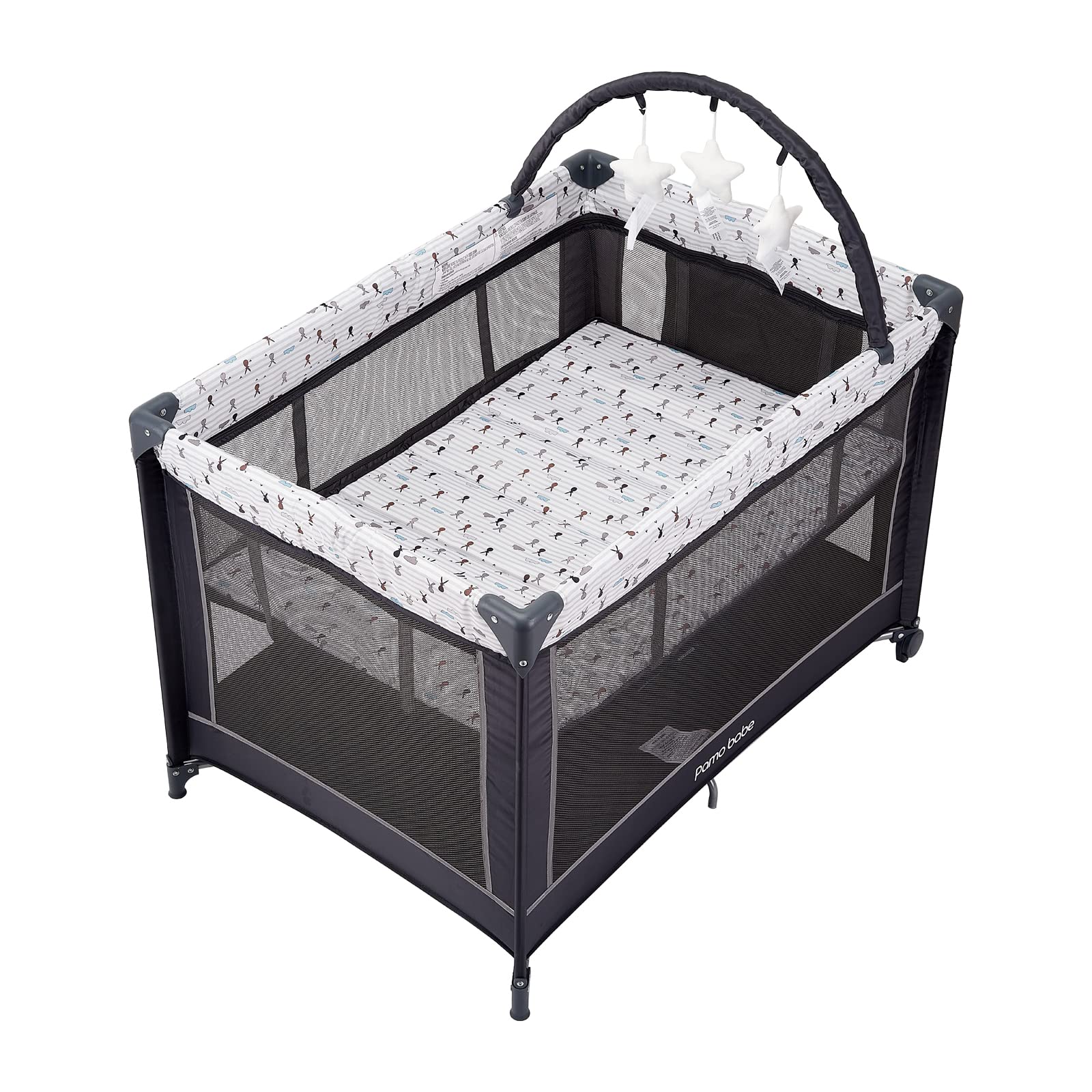 Pamo Babe Portable Baby Playpen - Lightweight Travel Playard with Mattress & Wheels for Indoor/Outdoor Use | Rabbit Design | Safe Play Area for Toddlers & Infants