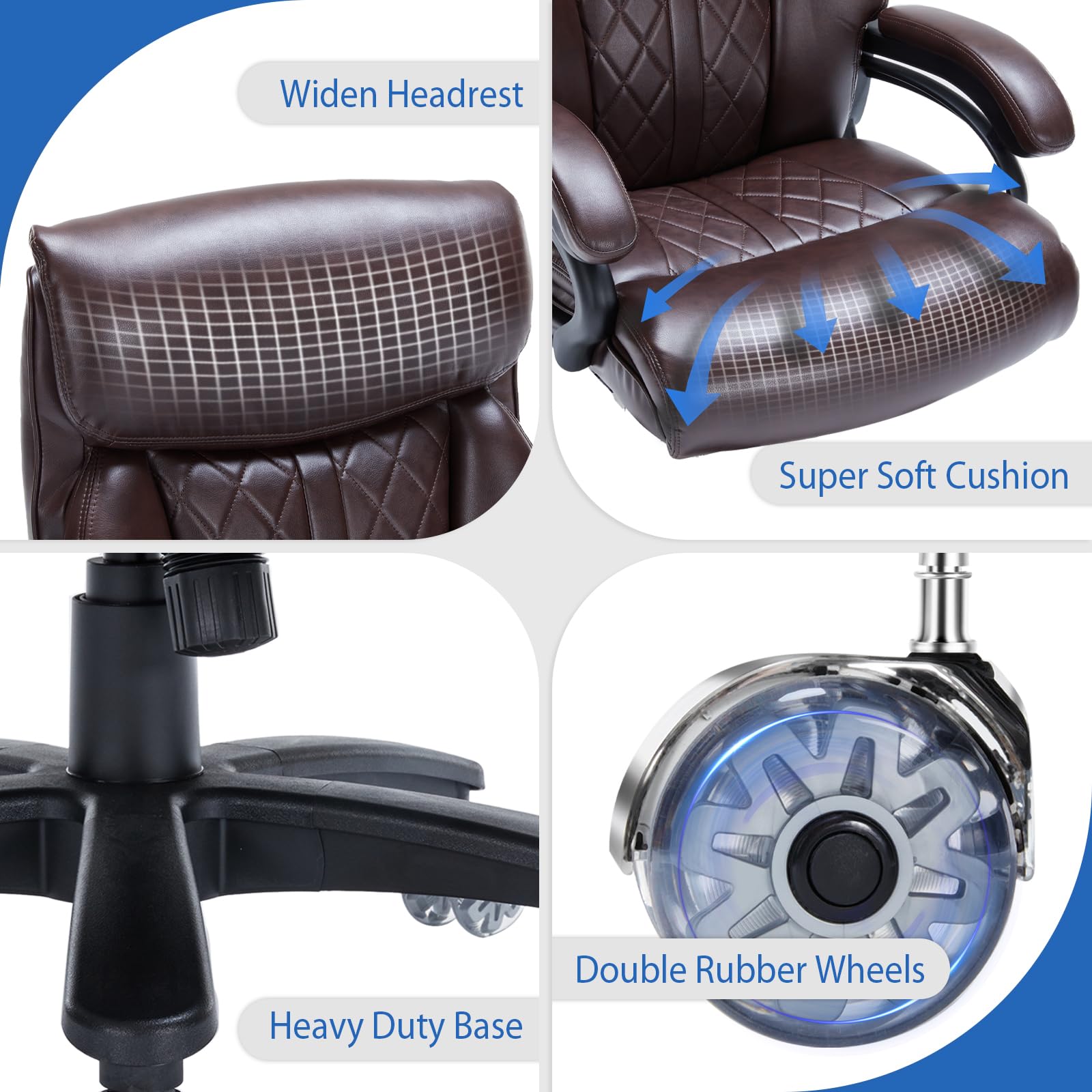 Premium Executive Office Chair - Extra Wide Headrest, PU Leather Large Seat, Recline Function & Heavy Duty Base - 400lbs Weight Capacity - Ergonomic Desk Chair for Home Office, Conference Room or Executive Suite (Brown)