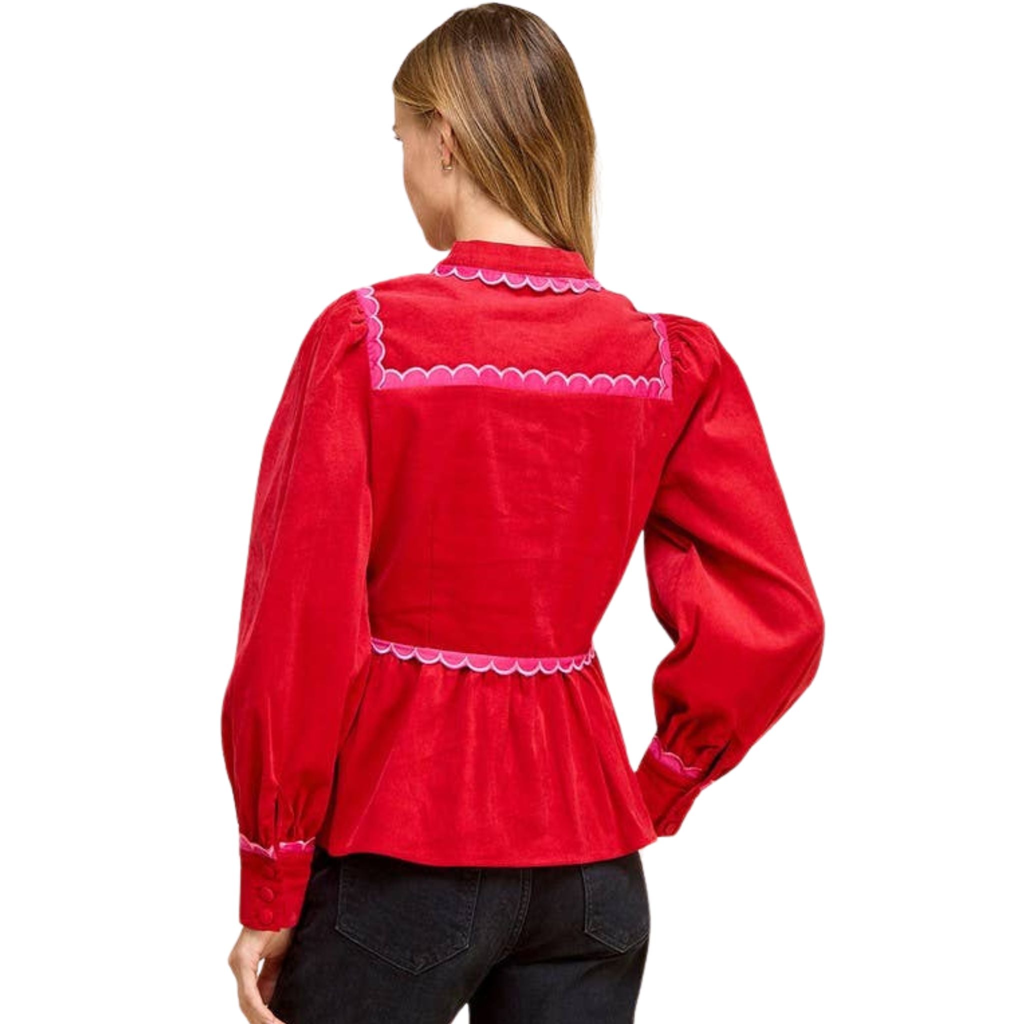 Women's Corduroy Button Up Shirt with Scallop Detail - Stylish Casual Blouse for Work, Date Night & Fall Outfits