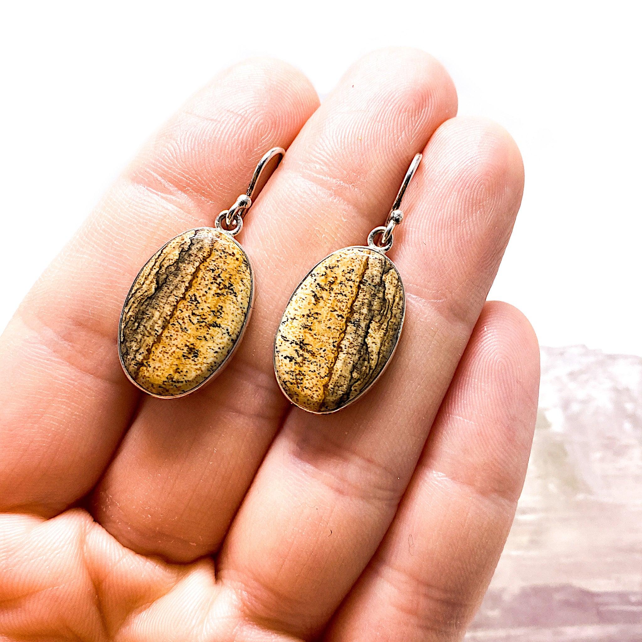 Natural Picture Jasper Oval Cabochon Earrings for Women - Handmade Gemstone Jewelry - Perfect for Boho, Hippie & Casual Outfits