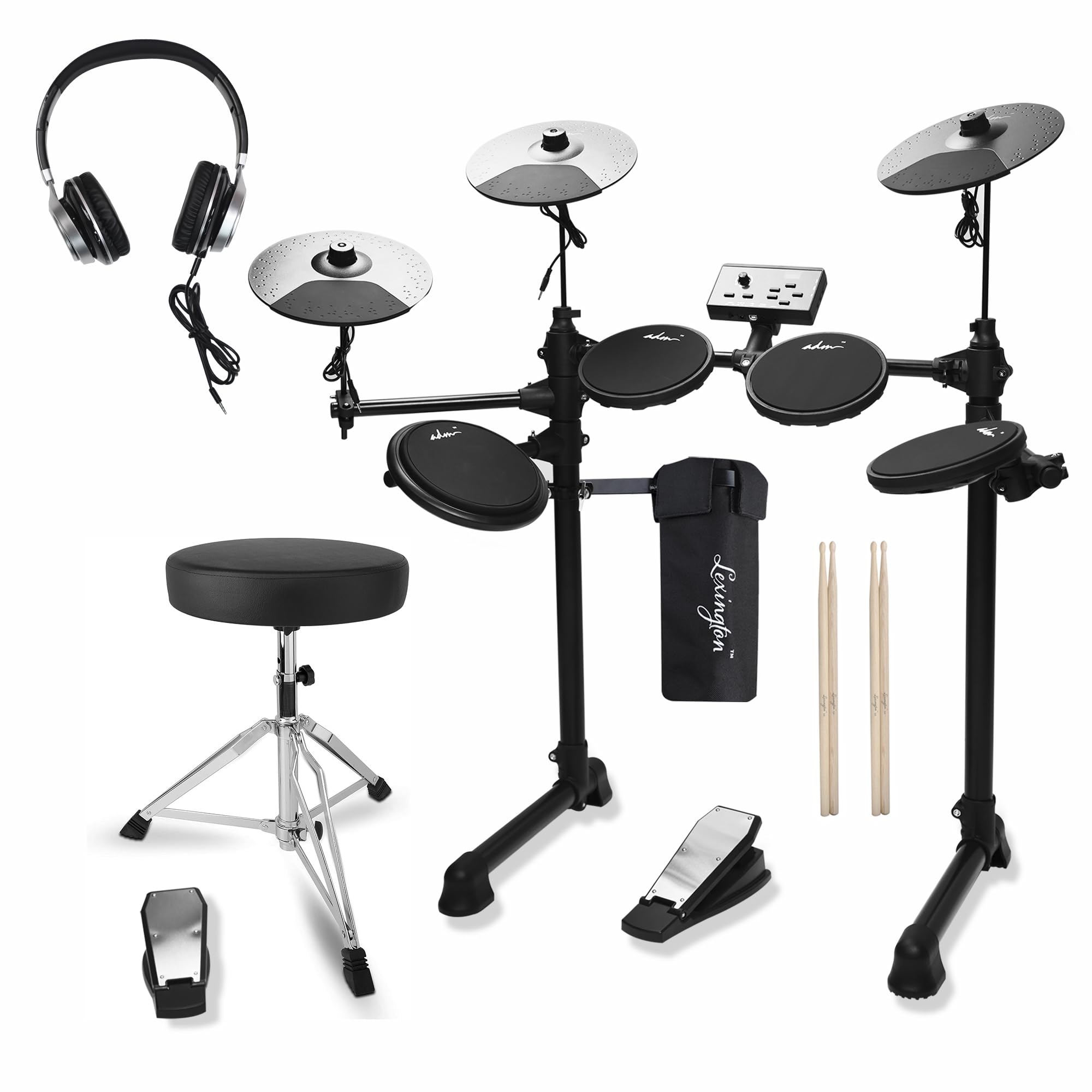 ADM Electronic Drum Set with 4 Quiet Mesh Pads - 180+ Realistic Sounds, Beginner Electric Drum Kit with Dual Pedals, Throne, Headphones & Sticks | Perfect for Home Practice, Music Lessons & Silent Training