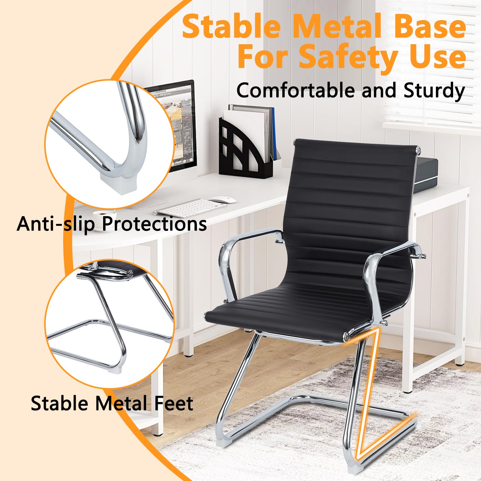 Premium Leather Office Guest Chair - Foldable Reception Chair with Sled Base, No Wheels - Perfect for Conference Rooms, Waiting Areas & Home Offices (Set of 1)